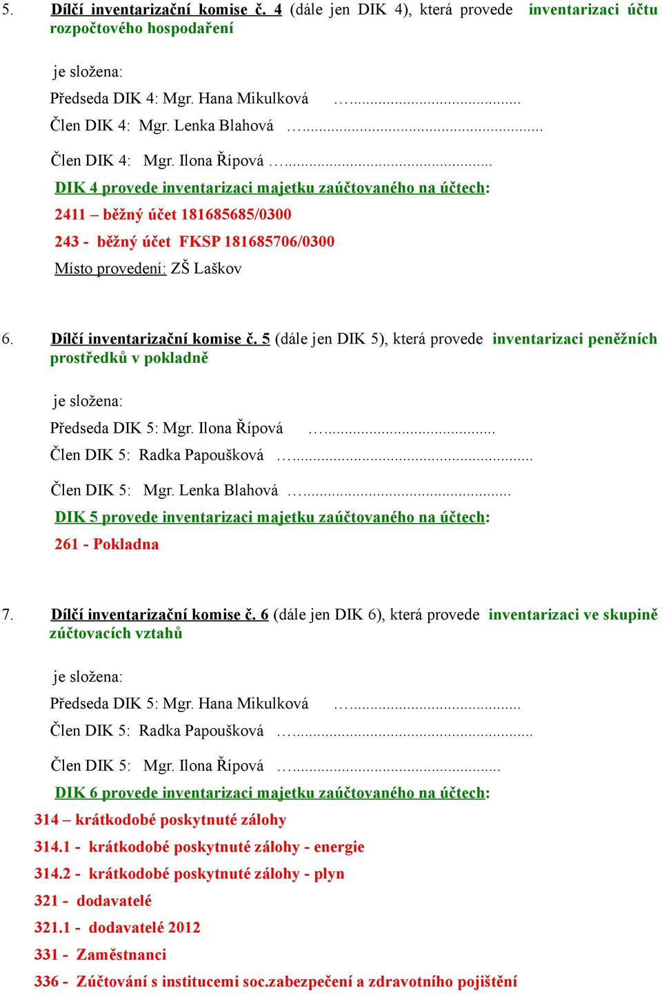 Dílčí inventarizační komise č. 5 (dále jen DIK 5), která provede inventarizaci peněžních prostředků v pokladně je složena: Předseda DIK 5: Mgr. Ilona Řípová... Člen DIK 5: Radka Papoušková.