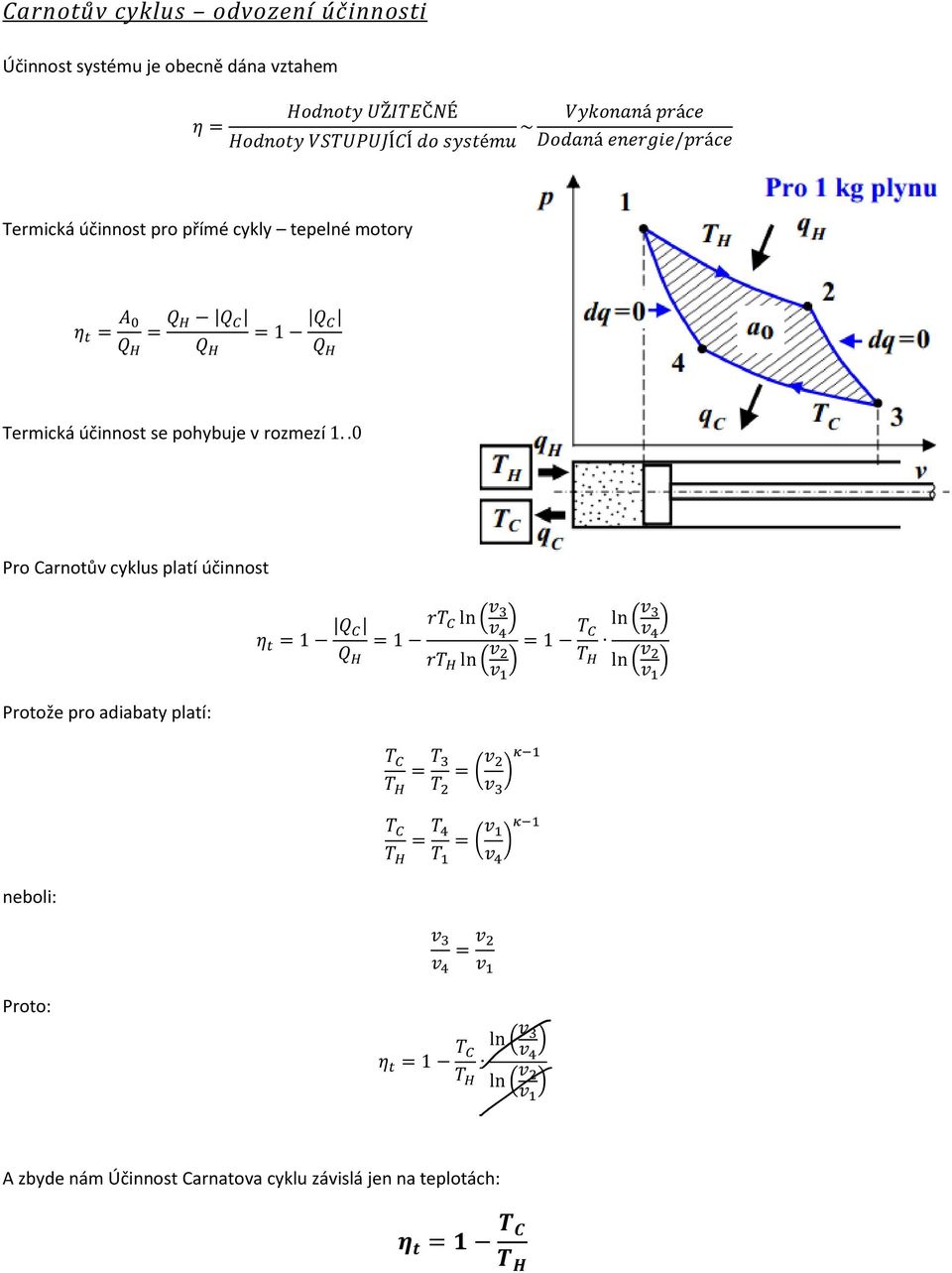 pohybuje v rozmezí Pro Carnotův cyklus platí účinnost Protože pro adiabaty