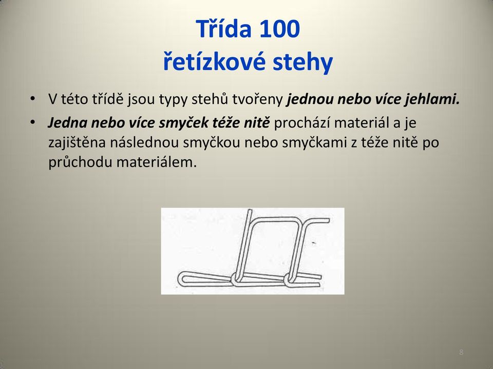 Jedna nebo více smyček téže nitě prochází materiál a je