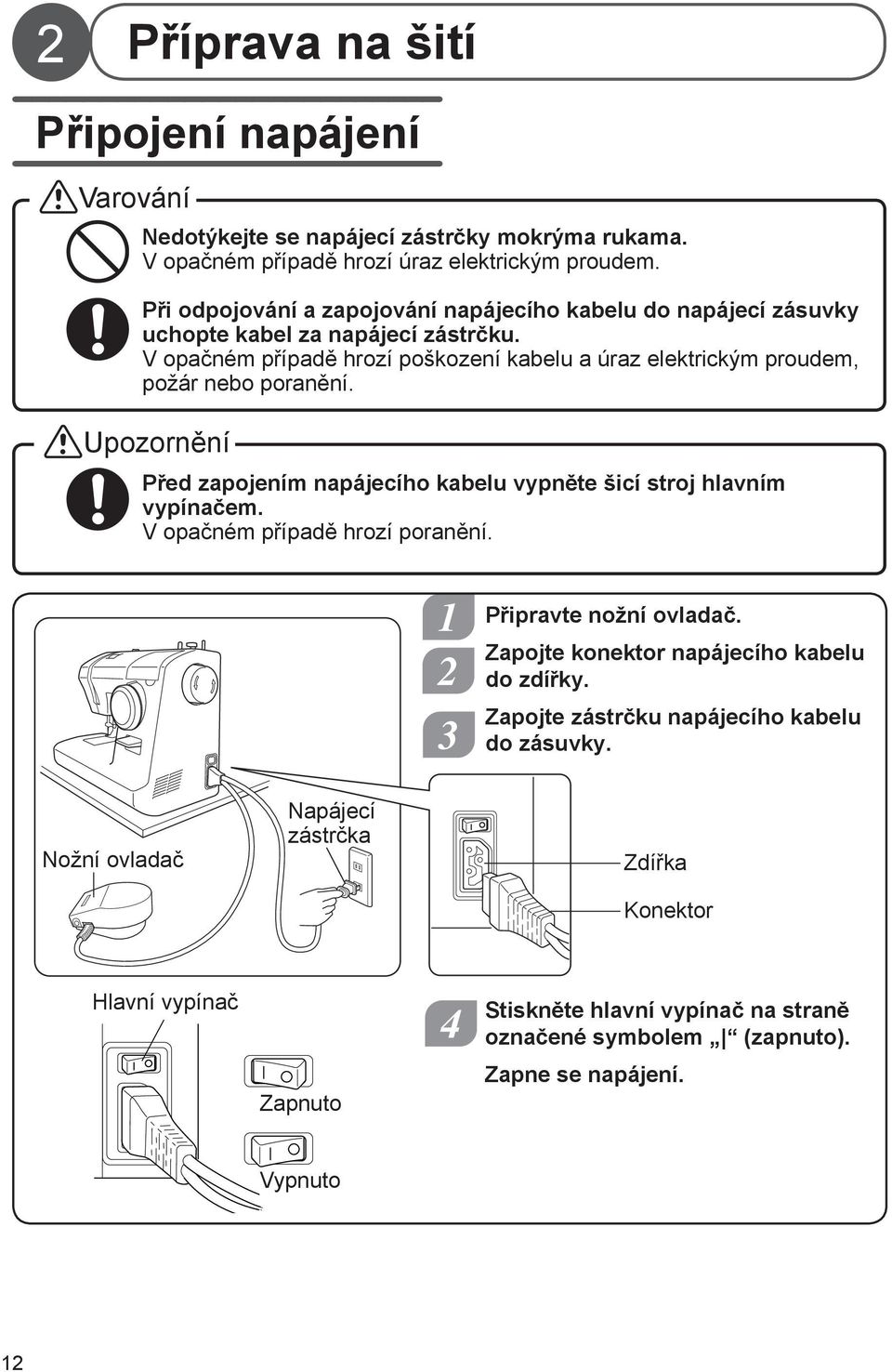 V opačném případě hrozí poškození kabelu a úraz elektrickým proudem, požár nebo poranění. Upozornění Před zapojením napájecího kabelu vypněte šicí stroj hlavním vypínačem.