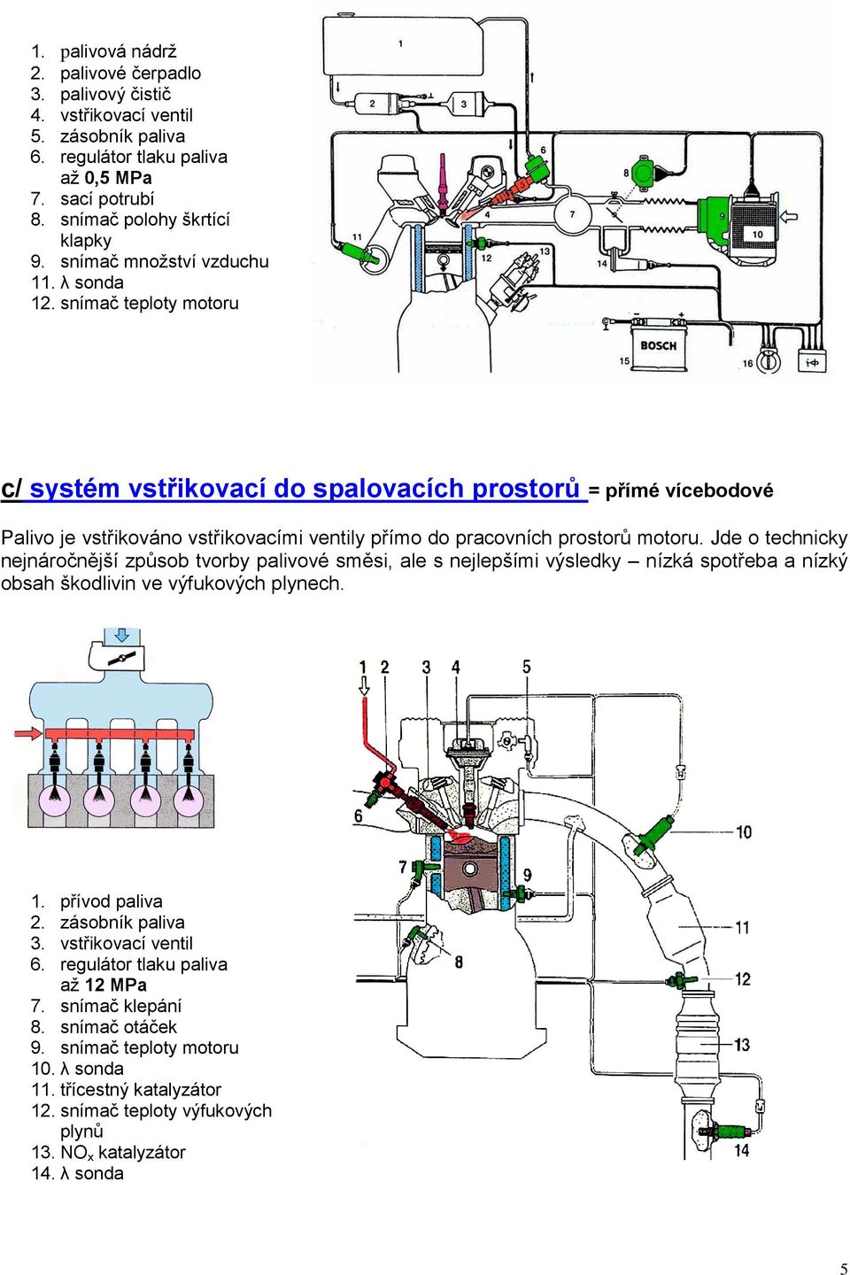 snímač teploty motoru c/ systém vstřikovací do spalovacích prostorů = přímé vícebodové Palivo je vstřikováno vstřikovacími ventily přímo do pracovních prostorů motoru.