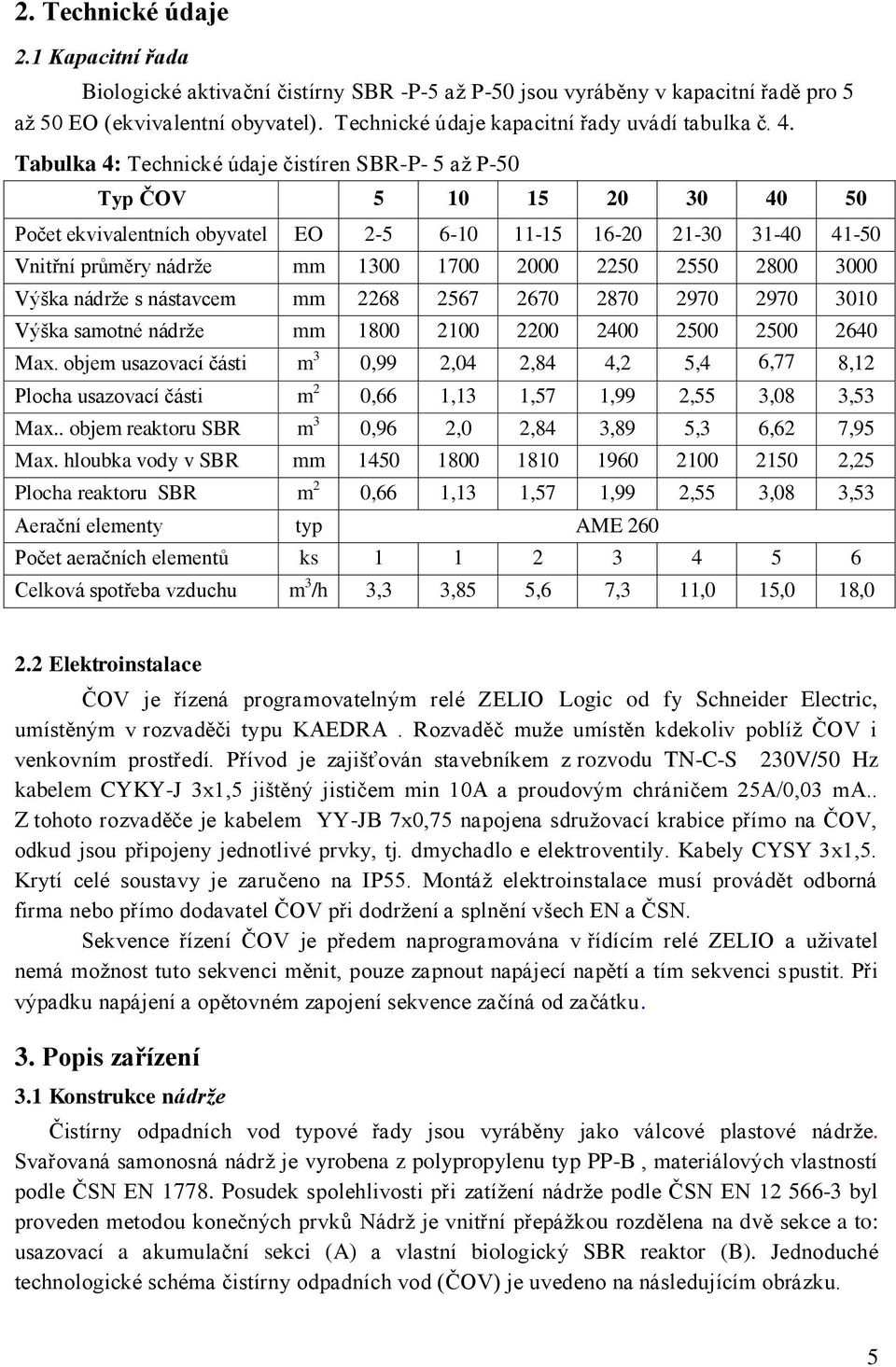 Tabulka 4: Technické údaje čistíren SBR-P- 5 až P-50 Typ ČOV 5 10 15 20 30 40 50 Počet ekvivalentních obyvatel EO 2-5 6-10 11-15 16-20 21-30 31-40 41-50 Vnitřní průměry nádrže mm 1300 1700 2000 2250