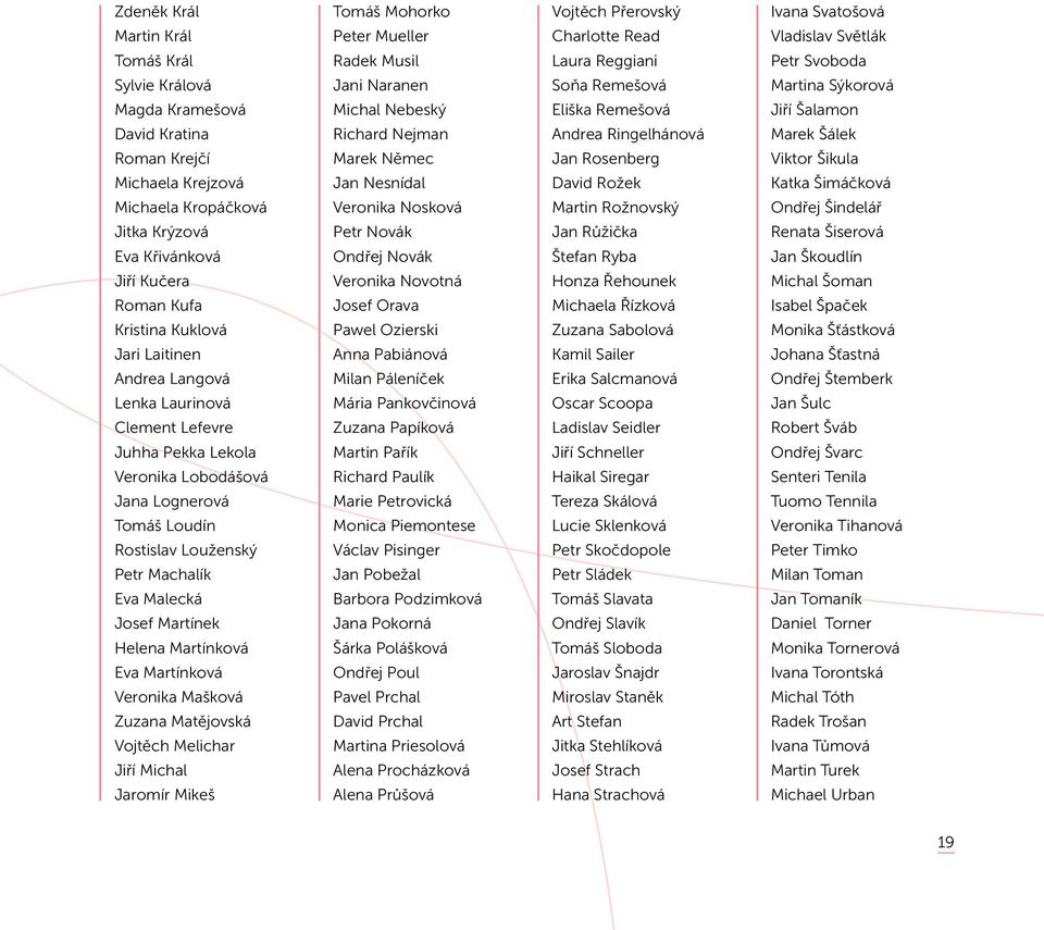 Martínková Eva Martínková Veronika Mašková Zuzana Matějovská Vojtěch Melichar Jiří Michal Jaromír Mikeš Tomáš Mohorko Peter Mueller Radek Musil Jani Naranen Michal Nebeský Richard Nejman Marek Němec