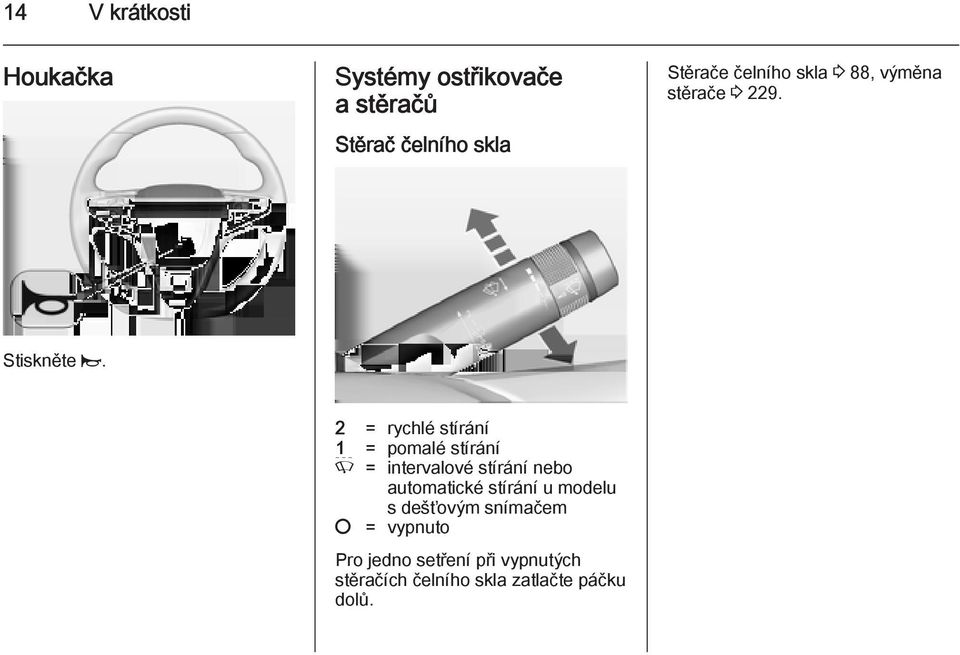 2 = rychlé stírání 1 = pomalé stírání P = intervalové stírání nebo automatické