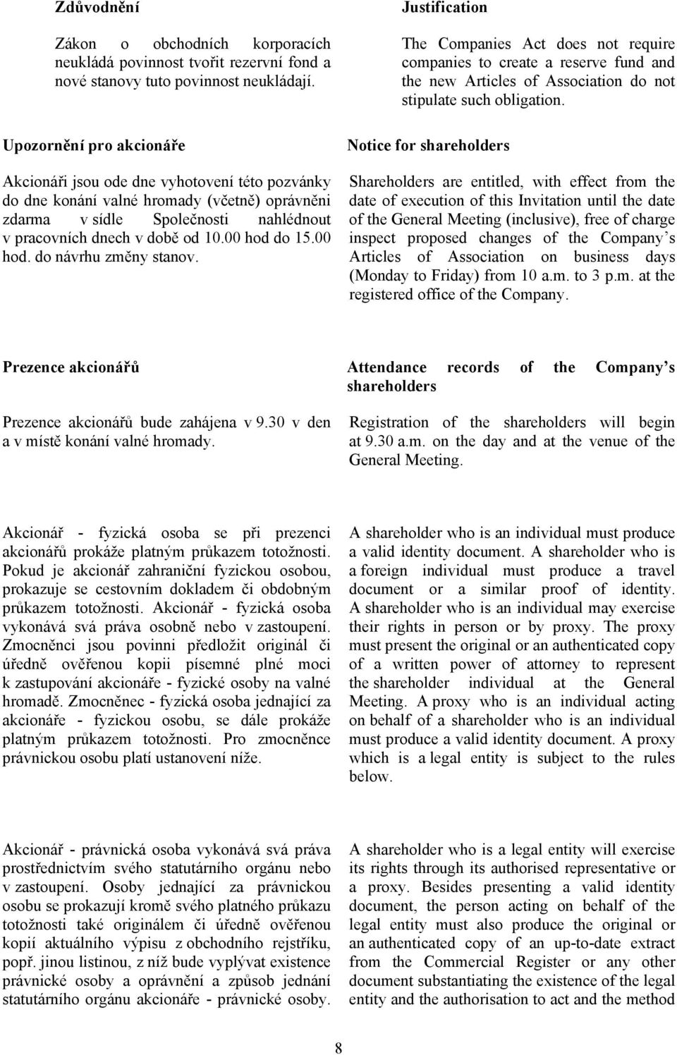 00 hod do 15.00 hod. do návrhu změny stanov. The Companies Act does not require companies to create a reserve fund and the new Articles of Association do not stipulate such obligation.