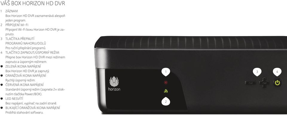 4 TLAČÍTKO ZAPNOUT/ÚSPORNÝ REŽIM Přepne box Horizon HD DVR mezi režimem zapnuto a úsporným režimem. ZELENÁ IKONA NAPÁJENÍ Box Horizon HD DVR je zapnutý.