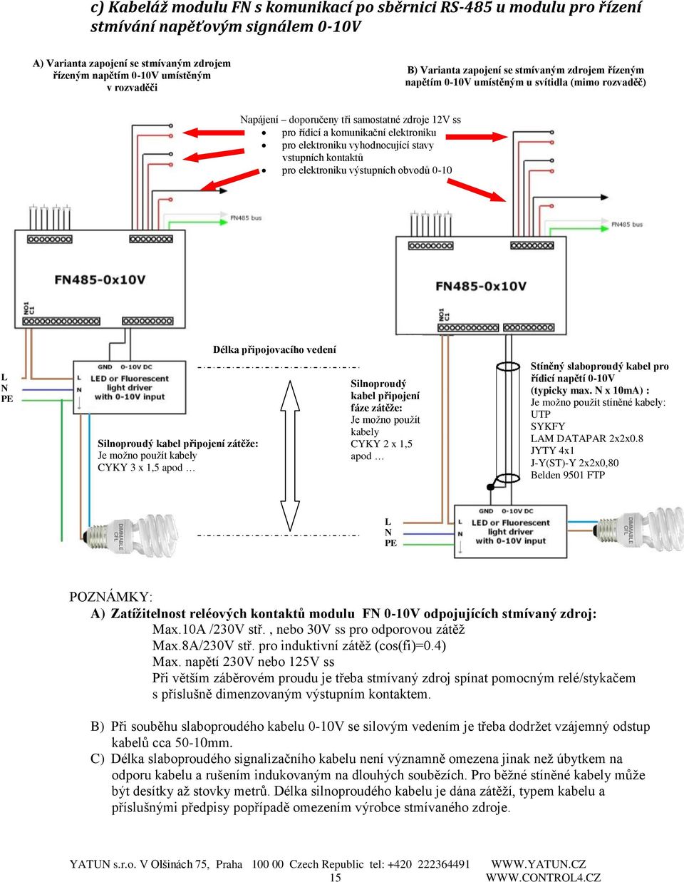 vyhodnocující stavy vstupních kontaktů pro elektroniku výstupních obvodů 0-10 Délka připojovacího vedení L N PE Silnoproudý kabel připojení zátěže: Je možno použít kabely CYKY 3 x 1,5 apod