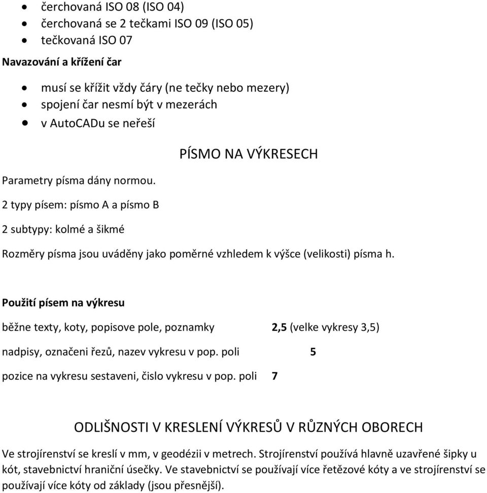 2 typy písem: písmo A a písmo B 2 subtypy: kolmé a šikmé PÍSMO NA VÝKRESECH Rozměry písma jsou uváděny jako poměrné vzhledem k výšce (velikosti) písma h.