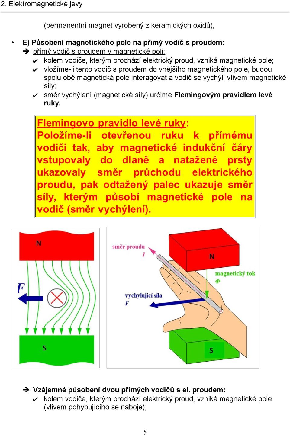 obě magnetická pole interagovat a vodič se vychýlí vlivem magnetické síly; směr vychýlení (magnetické síly) určíme Flemingovým pravidlem levé ruky.