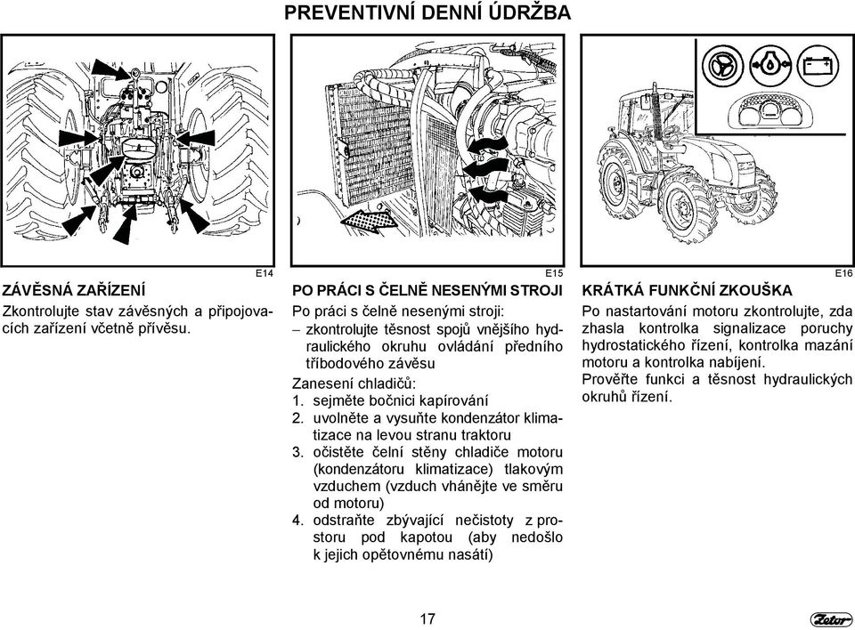 sejměte bočnici kapírování 2. uvolněte a vysuňte kondenzátor klimatizace na levou stranu traktoru 3.