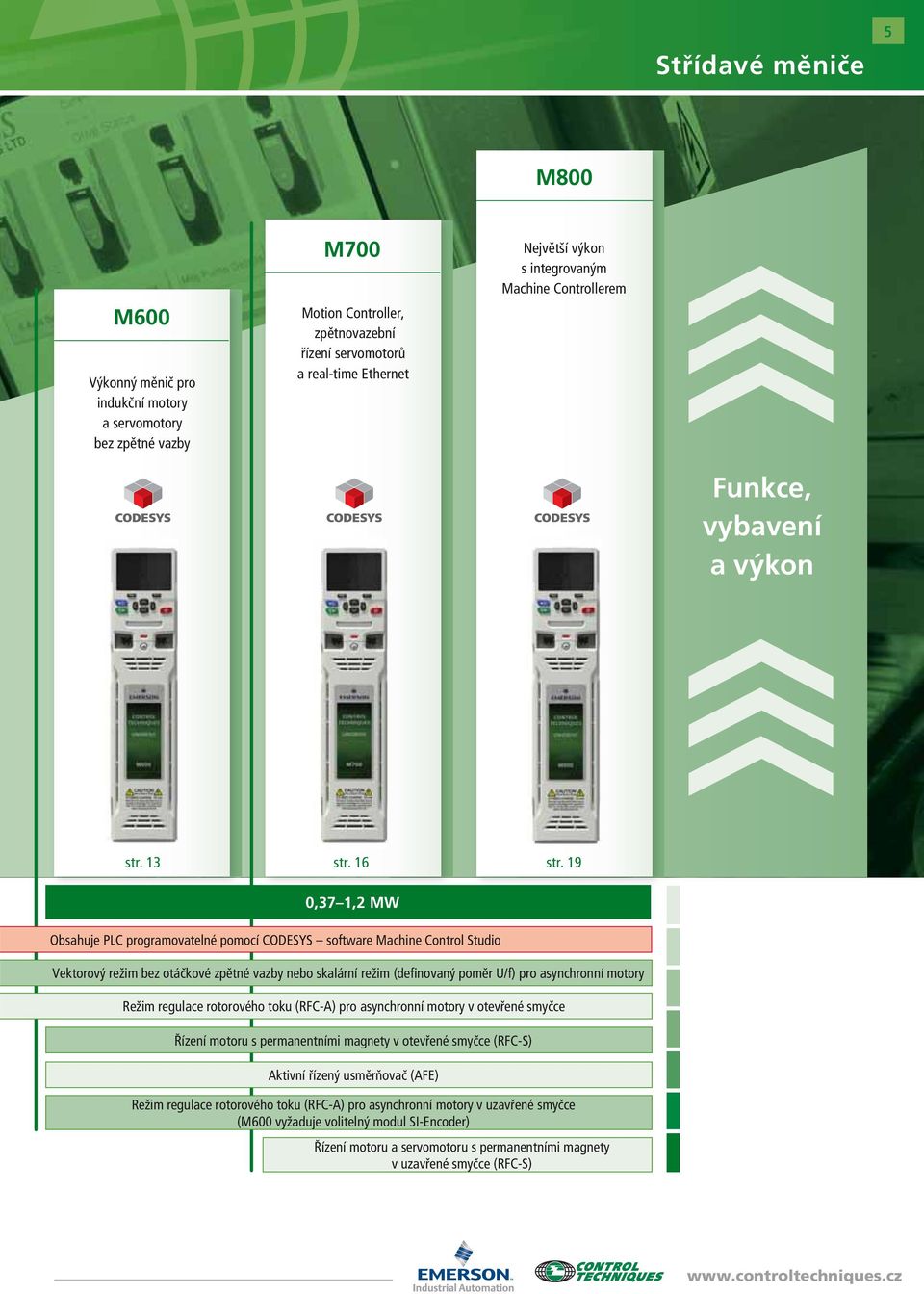 19 0,37 1,2 MW Obsahuje PLC programovatelné pomocí CODESYS software Machine Control Studio Vektorový režim bez otáčkové zpětné vazby nebo skalární režim (definovaný poměr U/f) pro asynchronní motory