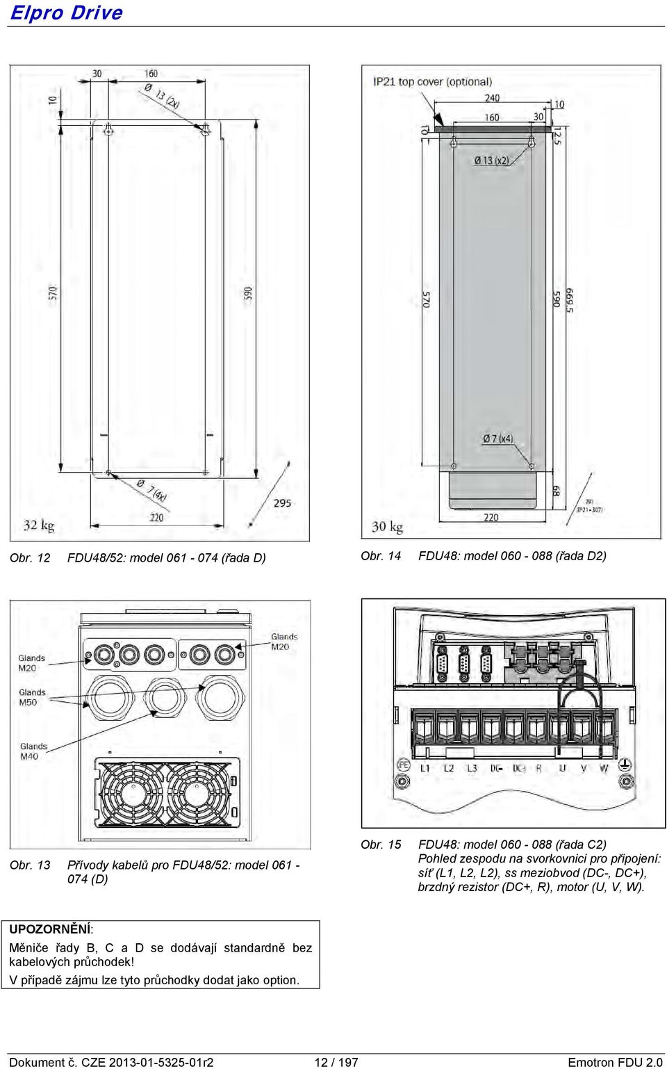 15 FDU48: model 060-088 (řada C2) Pohled zespodu na svorkovnici pro připojení: síť (L1, L2, L2), ss meziobvod (DC-, DC+),