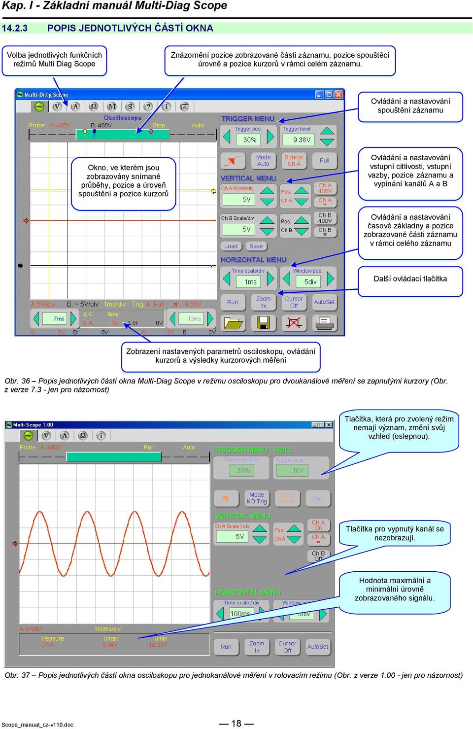 záznamu a vypínání kanálů A a B Ovládání a nastavování časové základny a pozice zobrazované části záznamu v rámci celého záznamu Další ovládací tlačítka Zobrazení nastavených parametrů osciloskopu,