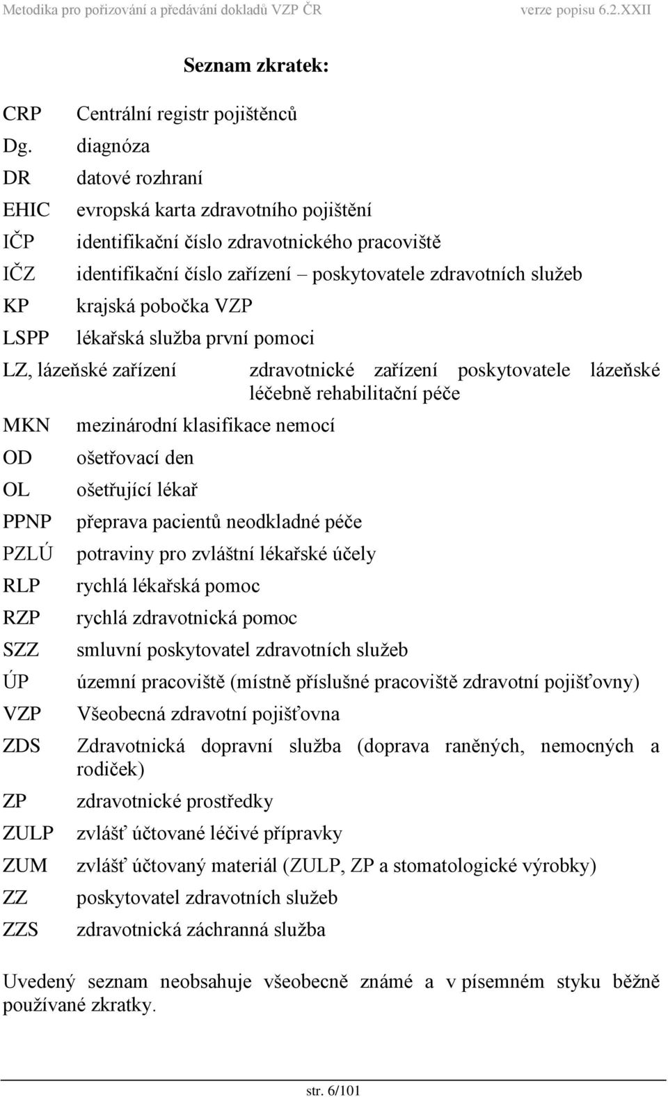 zařízení poskytovatele zdravotních služeb krajská pobočka VZP lékařská služba první pomoci LZ, lázeňské zařízení MKN OD OL PPNP PZLÚ RLP RZP SZZ ÚP VZP ZDS ZP ZULP ZUM ZZ ZZS mezinárodní klasifikace