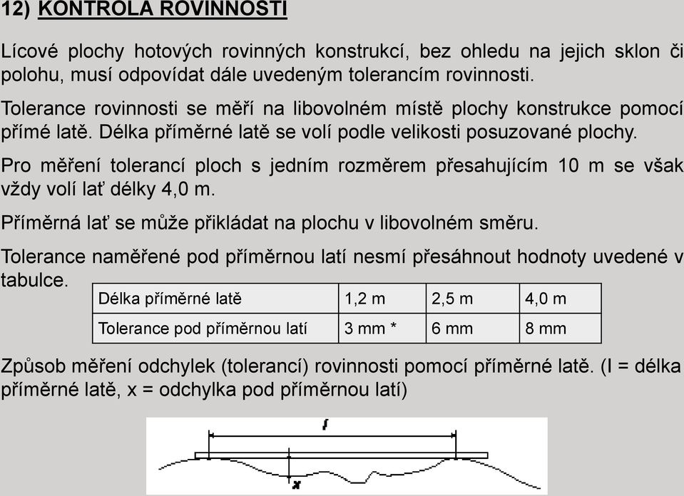 Pro měření tolerancí ploch s jedním rozměrem přesahujícím 10 m se však vždy volí lať délky 4,0 m. Příměrná lať se může přikládat na plochu v libovolném směru.