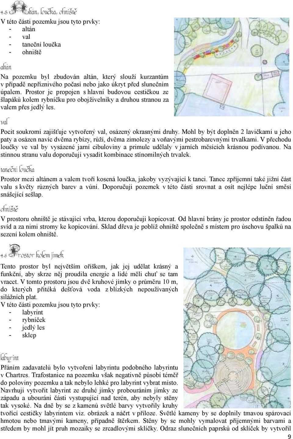 val Pocit soukromí zajišťuje vytvořený val, osázený okrasnými druhy. Mohl by být doplněn 2 lavičkami u jeho paty a osázen navíc dvěma rybízy, růží, dvěma zimolezy a voňavými pestrobarevnými trvalkami.