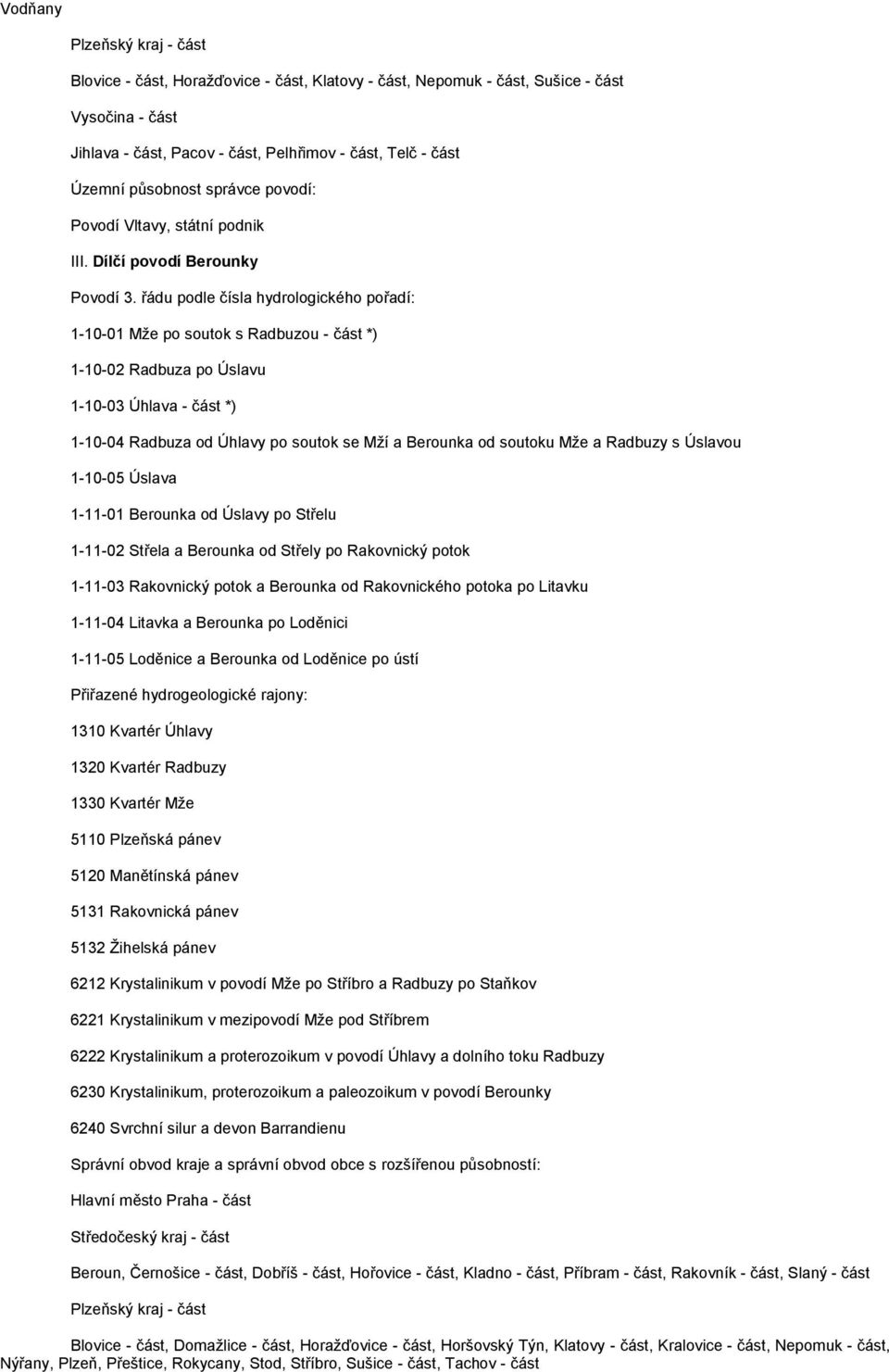 Dílčí povodí Berounky 1-10-01 Mţe po soutok s Radbuzou - část *) 1-10-02 Radbuza po Úslavu 1-10-03 Úhlava - část *) 1-10-04 Radbuza od Úhlavy po soutok se Mţí a Berounka od soutoku Mţe a Radbuzy s