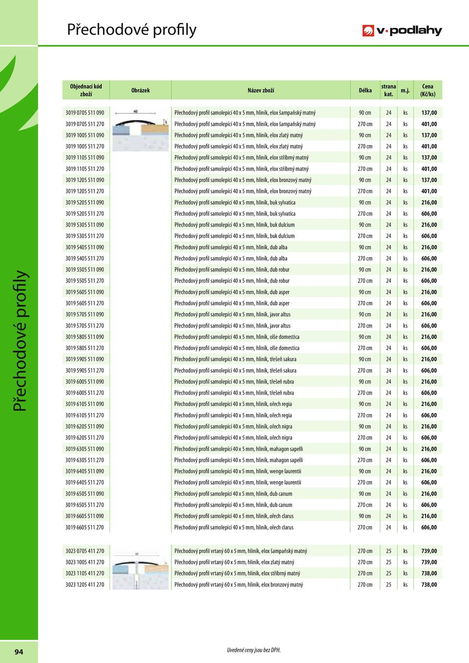 samolepící 40 x 5 mm, hliník, elox zlatý 270 cm 24 ks 401,00 3019 1105 511 090 Přechodový profil samolepící 40 x 5 mm, hliník, elox stříbrný 90 cm 24 ks 137,00 3019 1105 511 270 Přechodový profil