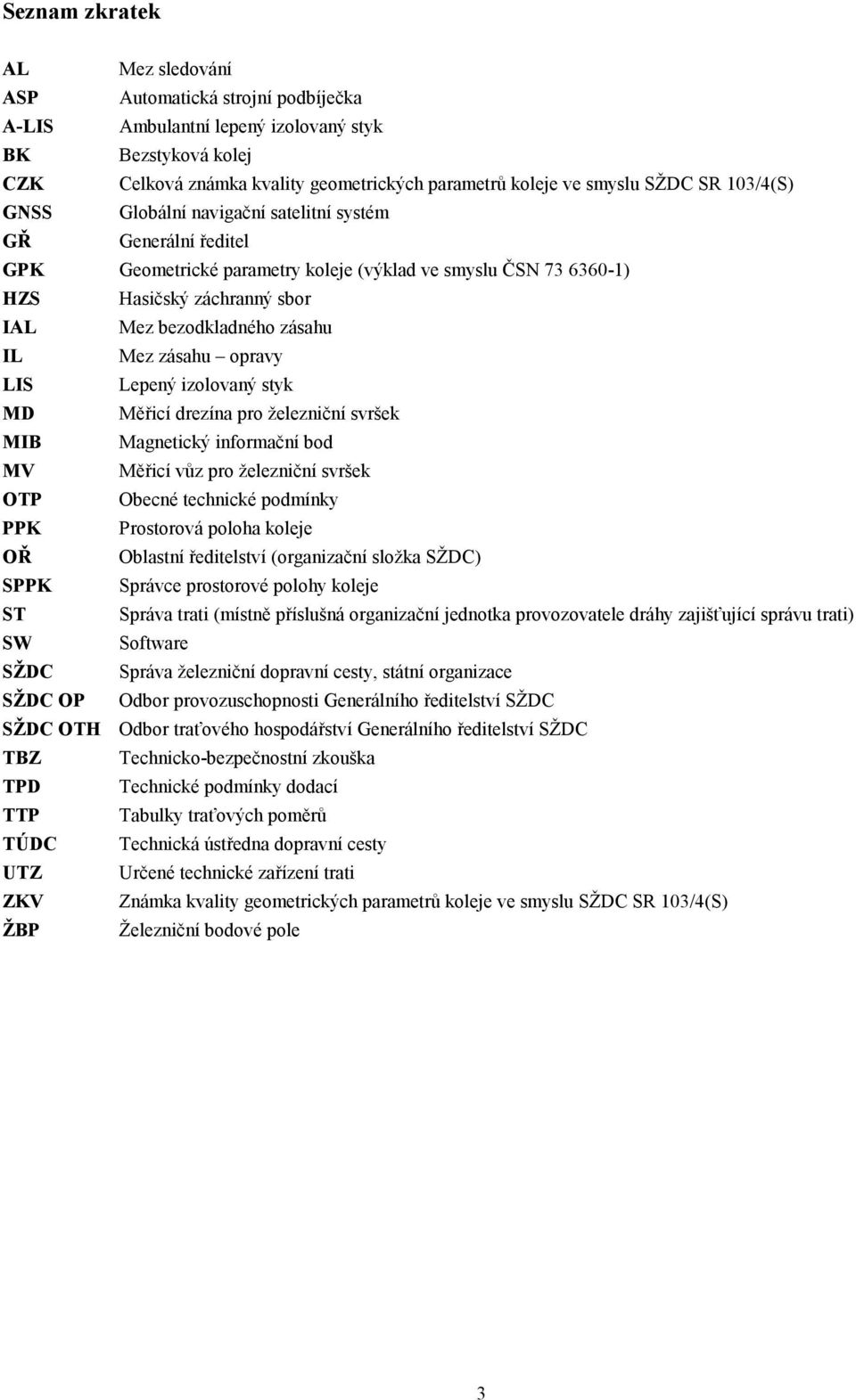 Mez zásahu opravy LIS Lepený izolovaný styk MD Měřicí drezína pro železniční svršek MIB Magnetický informační bod MV Měřicí vůz pro železniční svršek OTP Obecné technické podmínky PPK Prostorová
