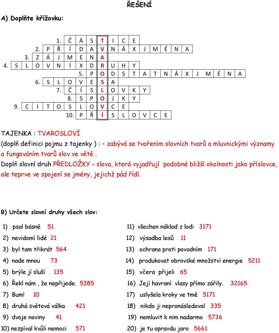 P Ř Í S L O V C E TAJENKA : TVAROSLOVÍ (doplň definici pojmu z tajenky ) : zabývá se tvořením slovních tvarů a mluvnickými významy a fungováním tvarů slov ve větě.