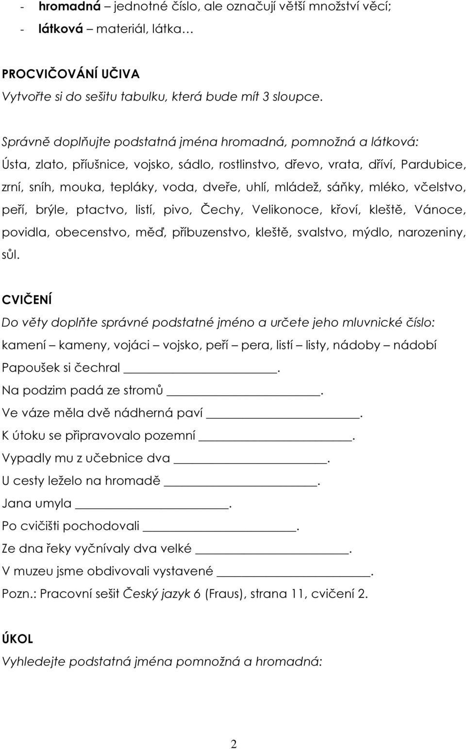 mládež, sáňky, mléko, včelstvo, peří, brýle, ptactvo, listí, pivo, Čechy, Velikonoce, křoví, kleště, Vánoce, povidla, obecenstvo, měď, příbuzenstvo, kleště, svalstvo, mýdlo, narozeniny, sůl.