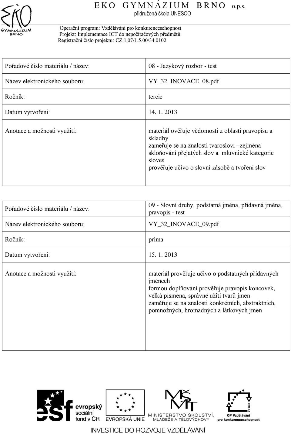 sloves prověřuje učivo o slovní zásobě a tvoření slov 09 - Slovní druhy, podstatná jména, přídavná jména, pravopis - test VY_32_INOVACE_09.