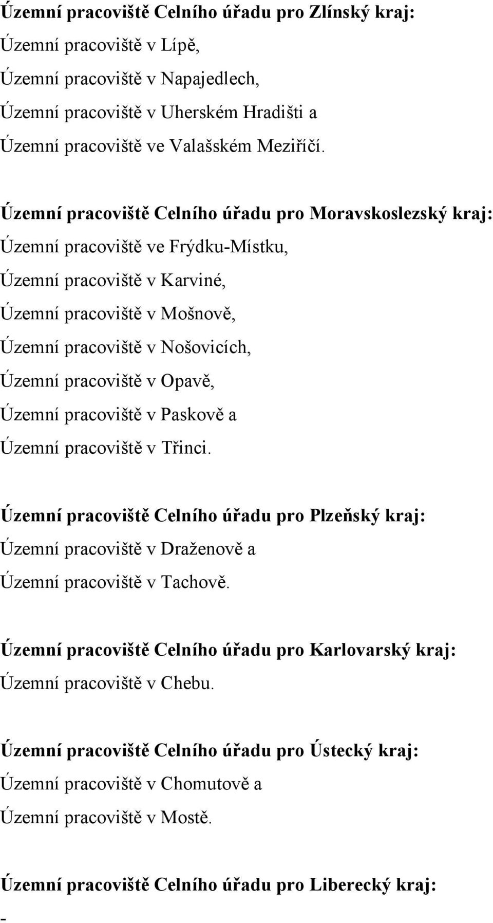 pracoviště v Opavě, Územní pracoviště v Paskově a Územní pracoviště v Třinci. Územní pracoviště Celního úřadu pro Plzeňský kraj: Územní pracoviště v Draženově a Územní pracoviště v Tachově.