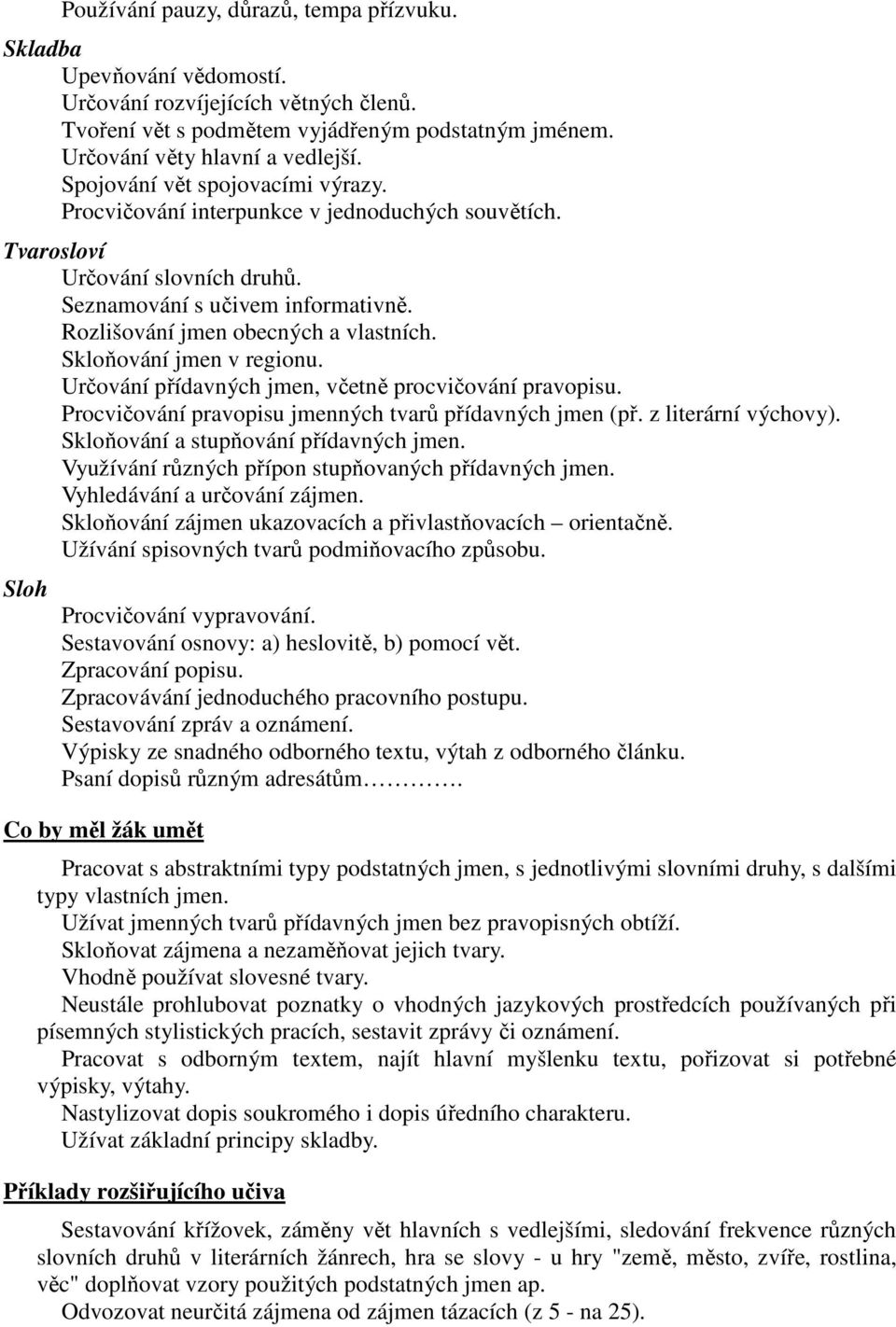 Skloňování jmen v regionu. Určování přídavných jmen, včetně procvičování pravopisu. Procvičování pravopisu jmenných tvarů přídavných jmen (př. z literární výchovy).