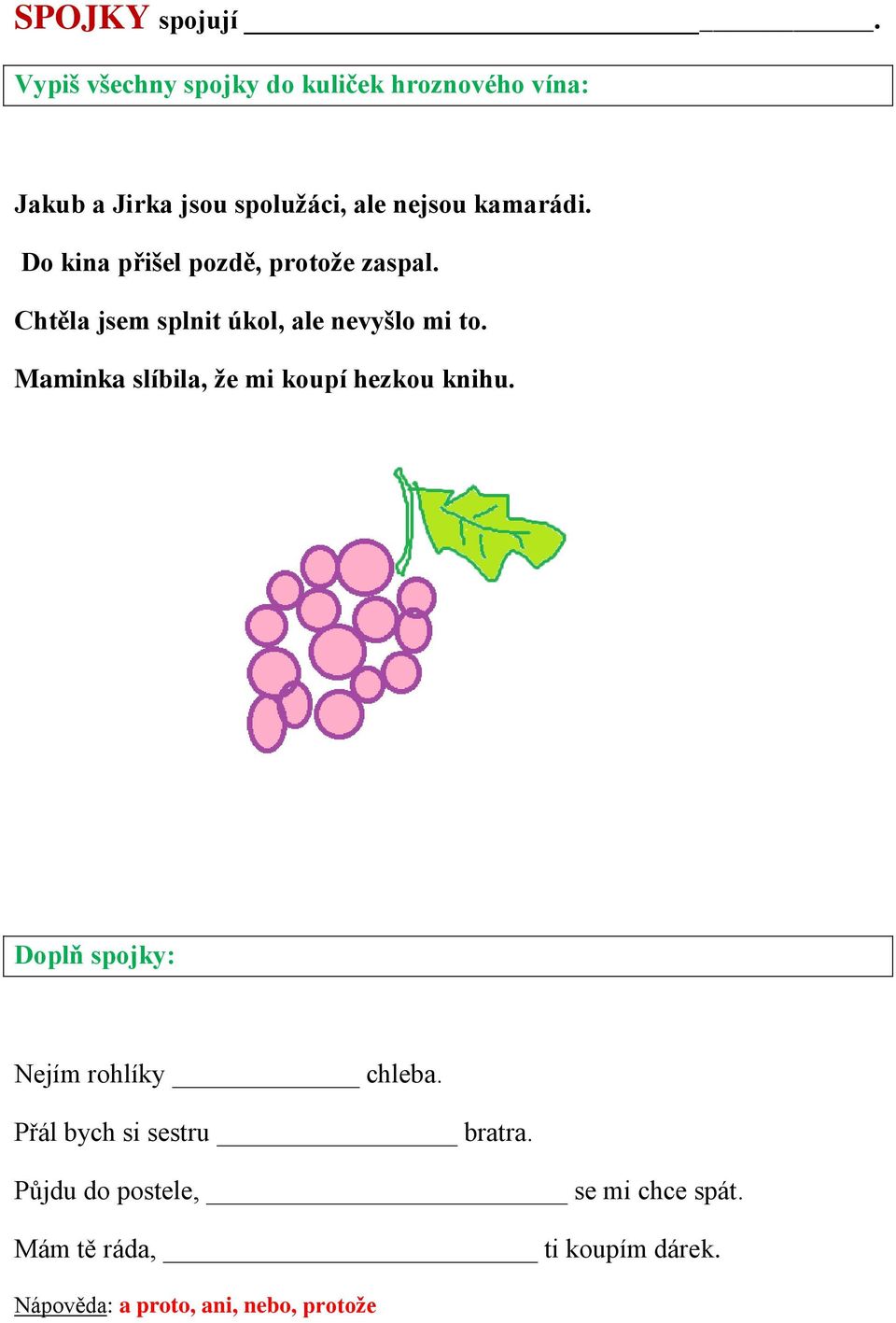 Do kina přišel pozdě, protože zaspal. Chtěla jsem splnit úkol, ale nevyšlo mi to.