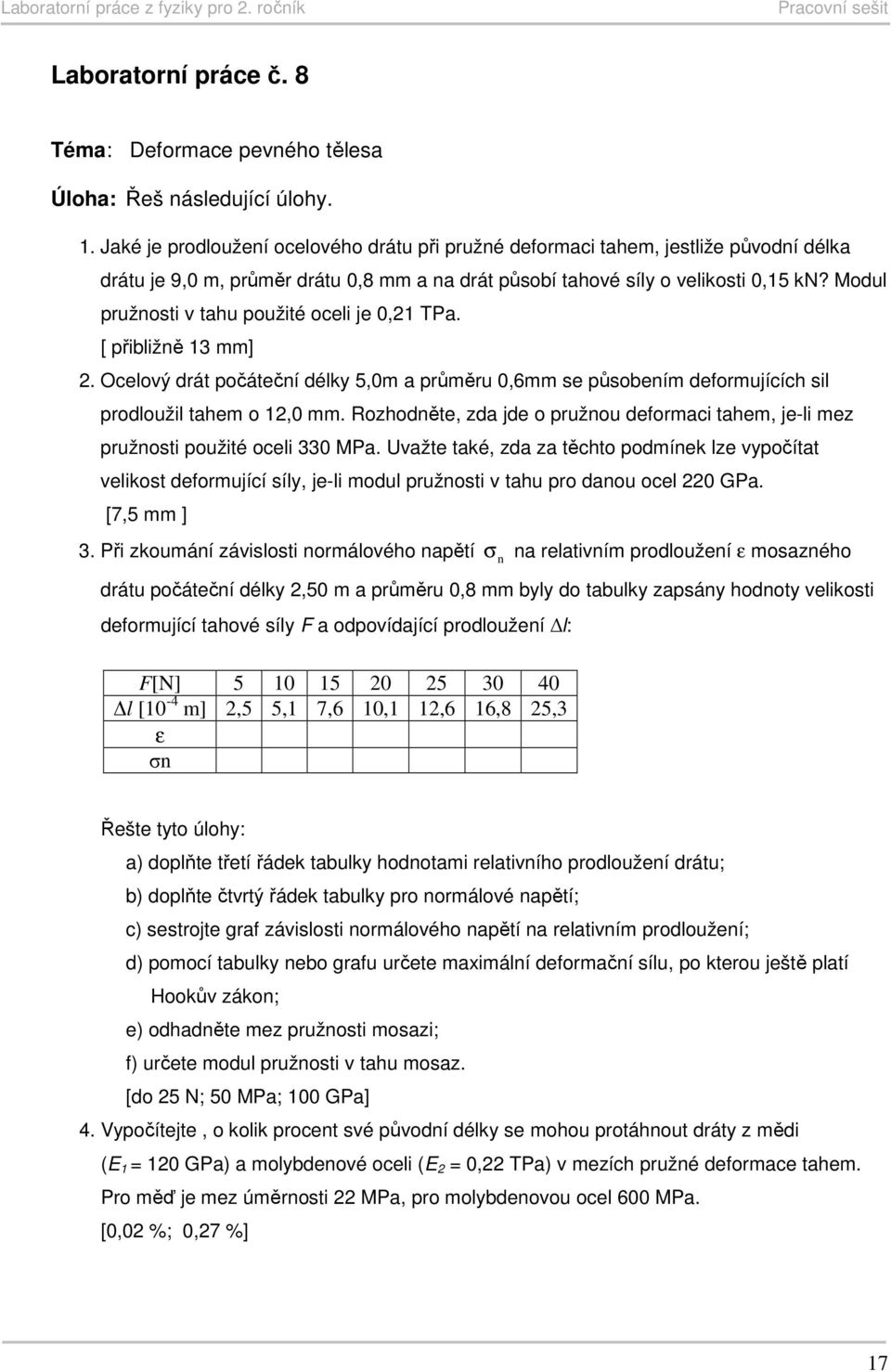 Modul pružnosti v tahu použité oceli je 0,21 TPa. [ přibližně 13 mm] 2. Ocelový drát počáteční délky 5,0m a průměru 0,6mm se působením deformujících sil prodloužil tahem o 12,0 mm.