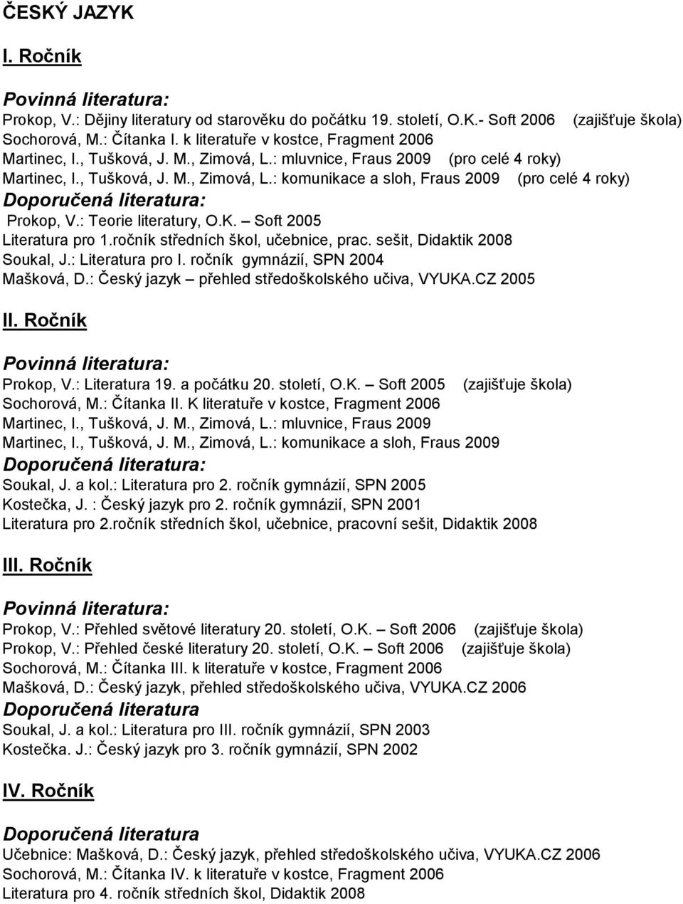 Soft 2005 Literatura pro 1.ročník středních škol, učebnice, prac. sešit, Didaktik 2008 Soukal, J.: Literatura pro I. ročník gymnázií, SPN 2004 Mašková, D.