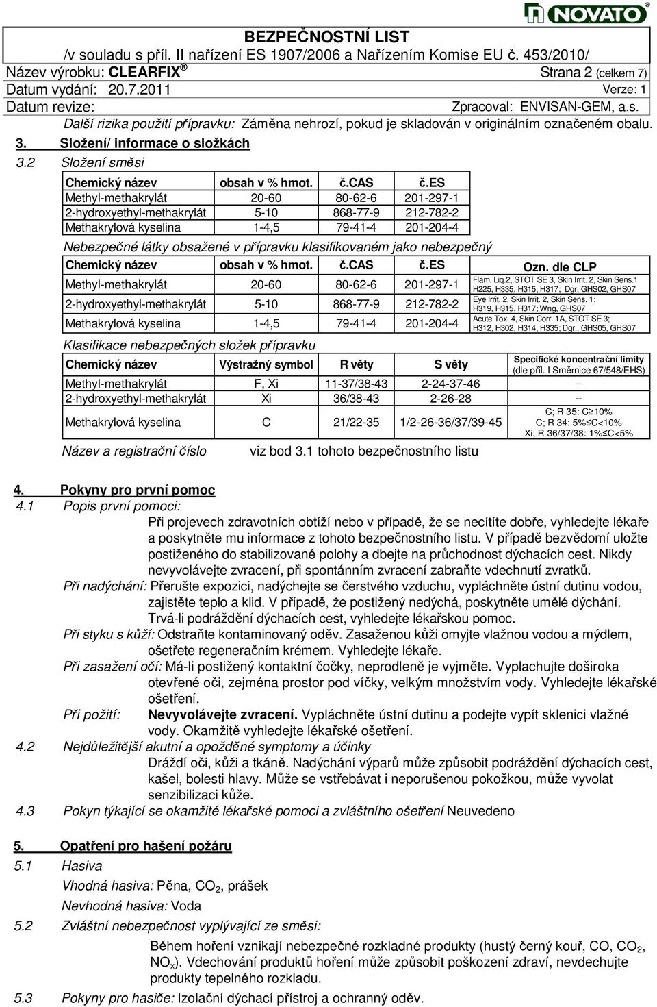 es Methyl-methakrylát 20-60 80-62-6 201-297-1 2-hydroxyethyl-methakrylát 5-10 868-77-9 212-782-2 Methakrylová kyselina 1-4,5 79-41-4 201-204-4 Nebezpečné látky obsažené v přípravku klasifikovaném