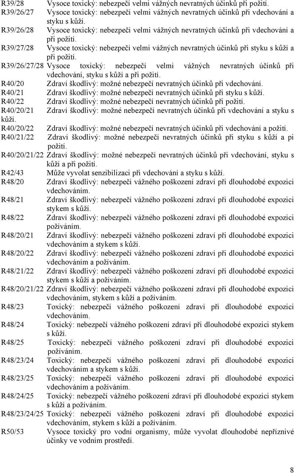 R39/26/27/28 Vysoce toxický: nebezpečí velmi vážných nevratných účinků při vdechování, styku s kůží a při požití. R40/20 Zdraví škodlivý: možné nebezpečí nevratných účinků při vdechování.