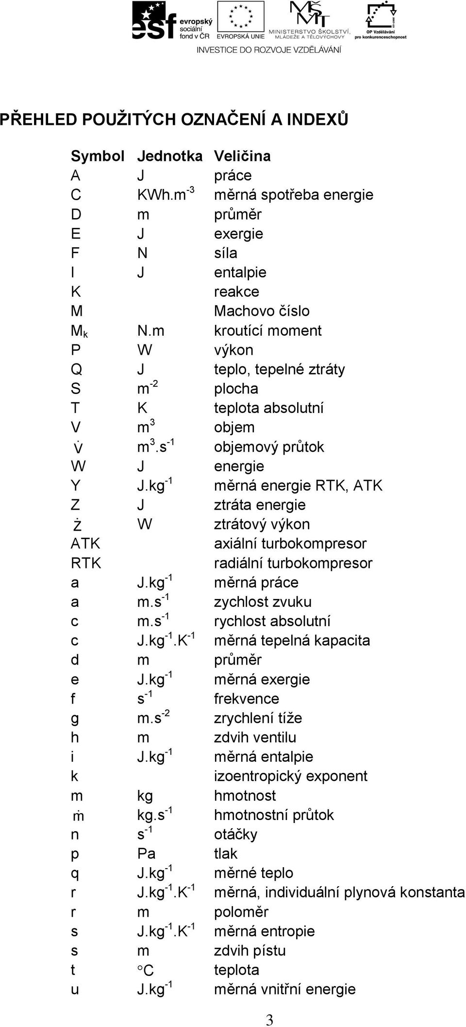 kg -1 měrná energie RTK, ATK Z J ztráta energie Z W ztrátový výkon ATK axiální turbokompresor RTK radiální turbokompresor a J.kg -1 měrná práce a m.s -1 zychlost zvuku c m.s -1 rychlost absolutní c J.