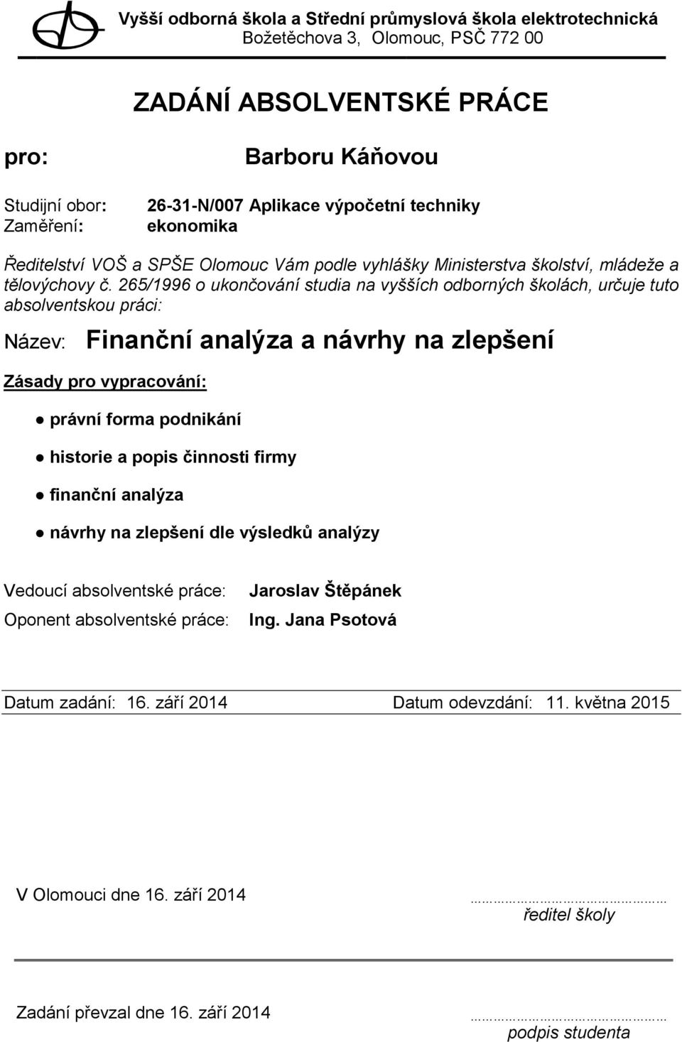 činnosti firmy finanční analýza návrhy na zlepšení