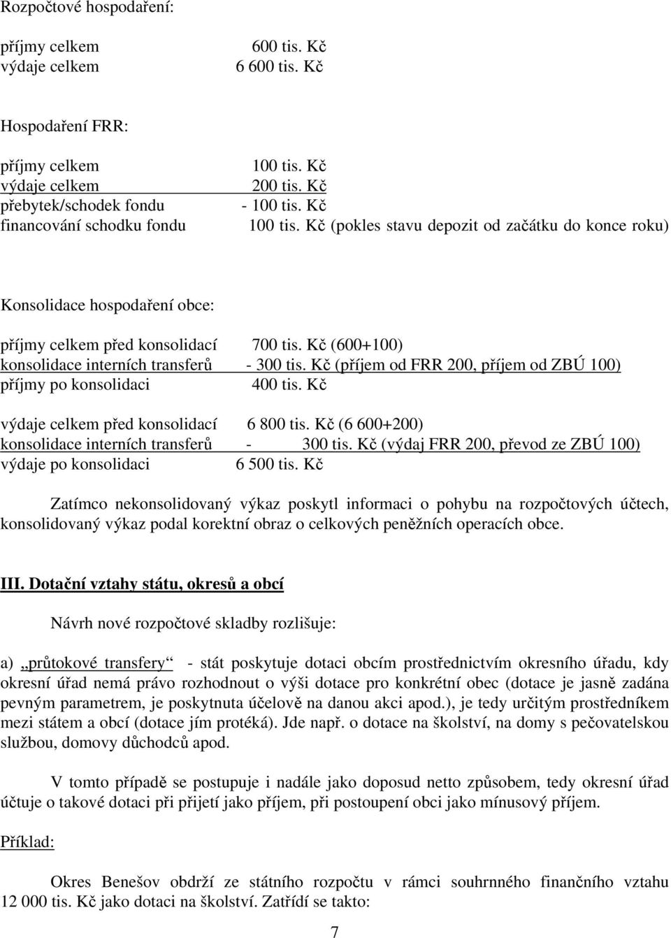 Kč (600+100) konsolidace interních transferů - 300 tis. Kč (příjem od FRR 200, příjem od ZBÚ 100) příjmy po konsolidaci 400 tis. Kč výdaje celkem před konsolidací 6 800 tis.