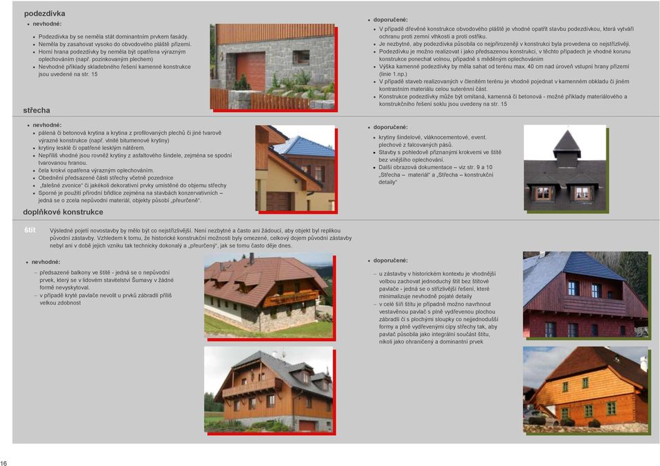 15 střecha doporučené: pálená či betonová krytina a krytina z profilovaných plechů či jiné tvarově výrazné konstrukce (např. vlnité bitumenové krytiny) krytiny lesklé či opatřené lesklým nátěrem.