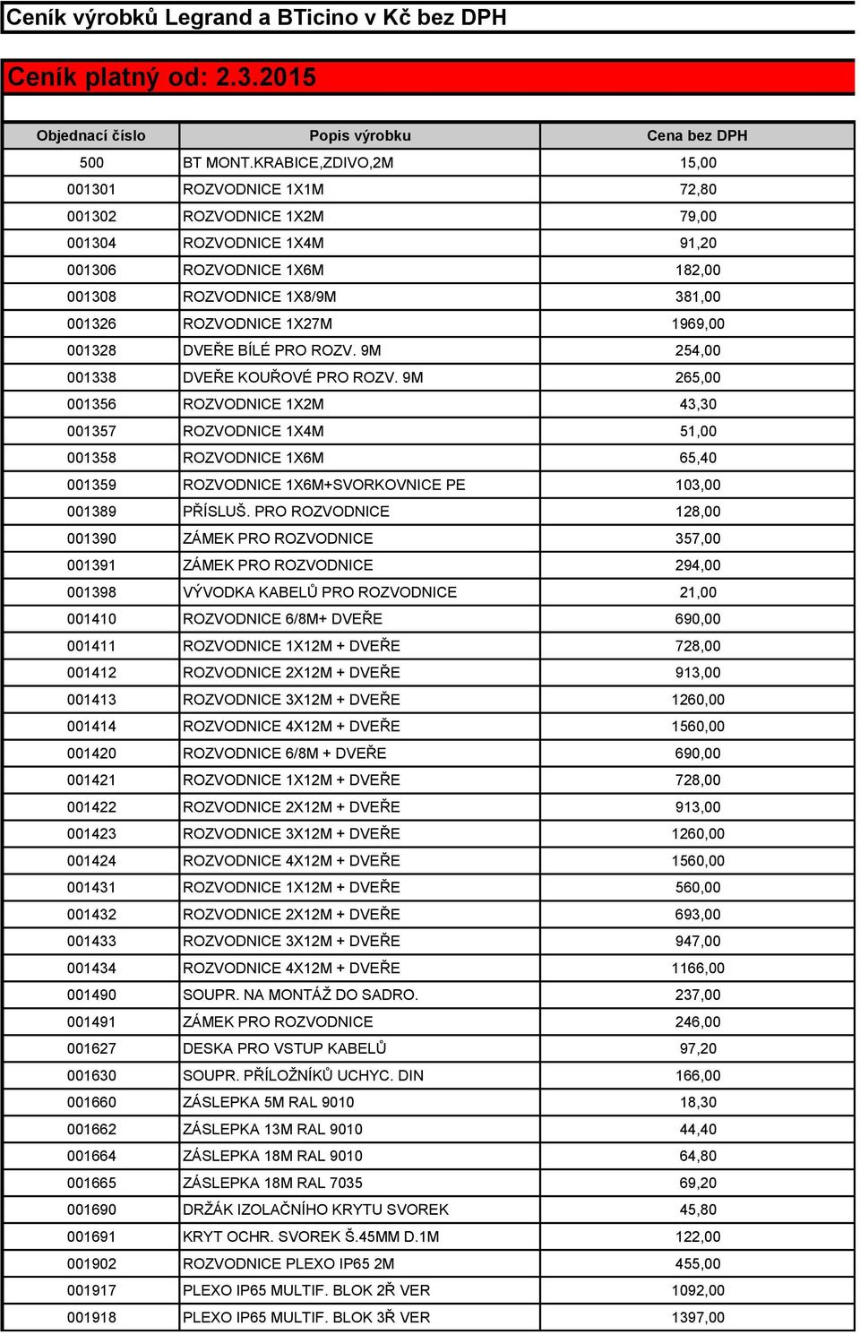 1969,00 001328 DVEŘE BÍLÉ PRO ROZV. 9M 254,00 001338 DVEŘE KOUŘOVÉ PRO ROZV.