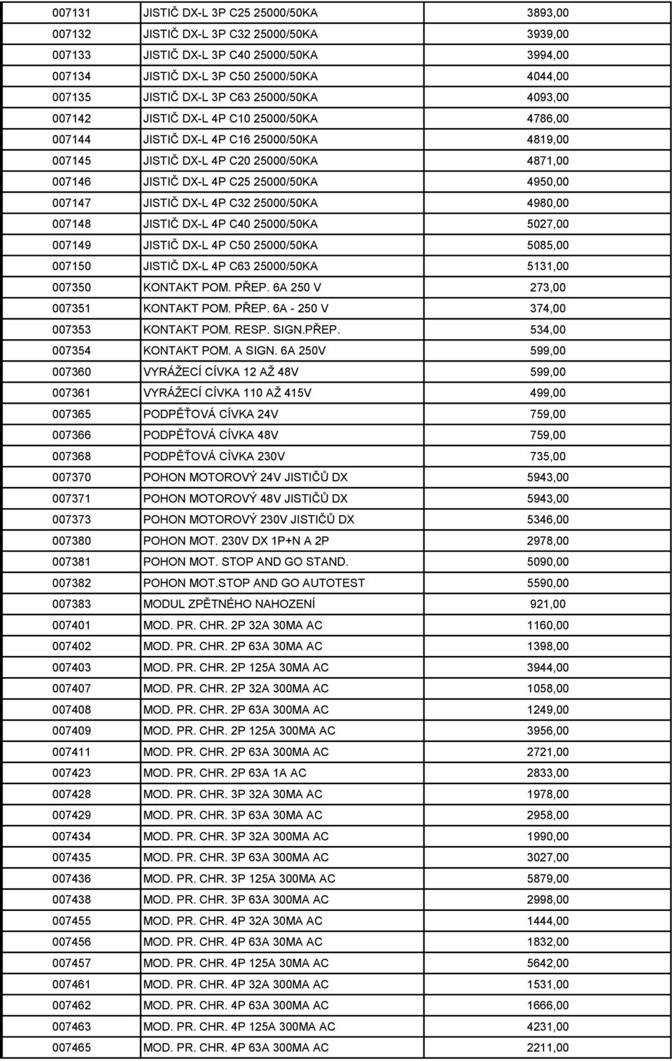 4950,00 007147 JISTIČ DX-L 4P C32 25000/50KA 4980,00 007148 JISTIČ DX-L 4P C40 25000/50KA 5027,00 007149 JISTIČ DX-L 4P C50 25000/50KA 5085,00 007150 JISTIČ DX-L 4P C63 25000/50KA 5131,00 007350