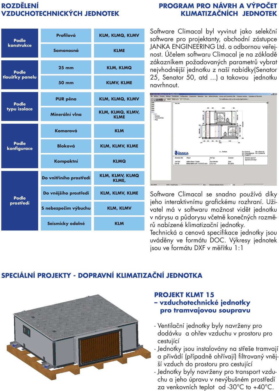 KLMV Seismicky odolné KLM PROGRAM PRO NÁVRH A VÝPOČET KLIMATIZAČNÍCH JEDNOTEK Software Climacal byl vyvinut jako selekční software pro projektanty, obchodní zástupce JANKA ENGINEERING Ltd.
