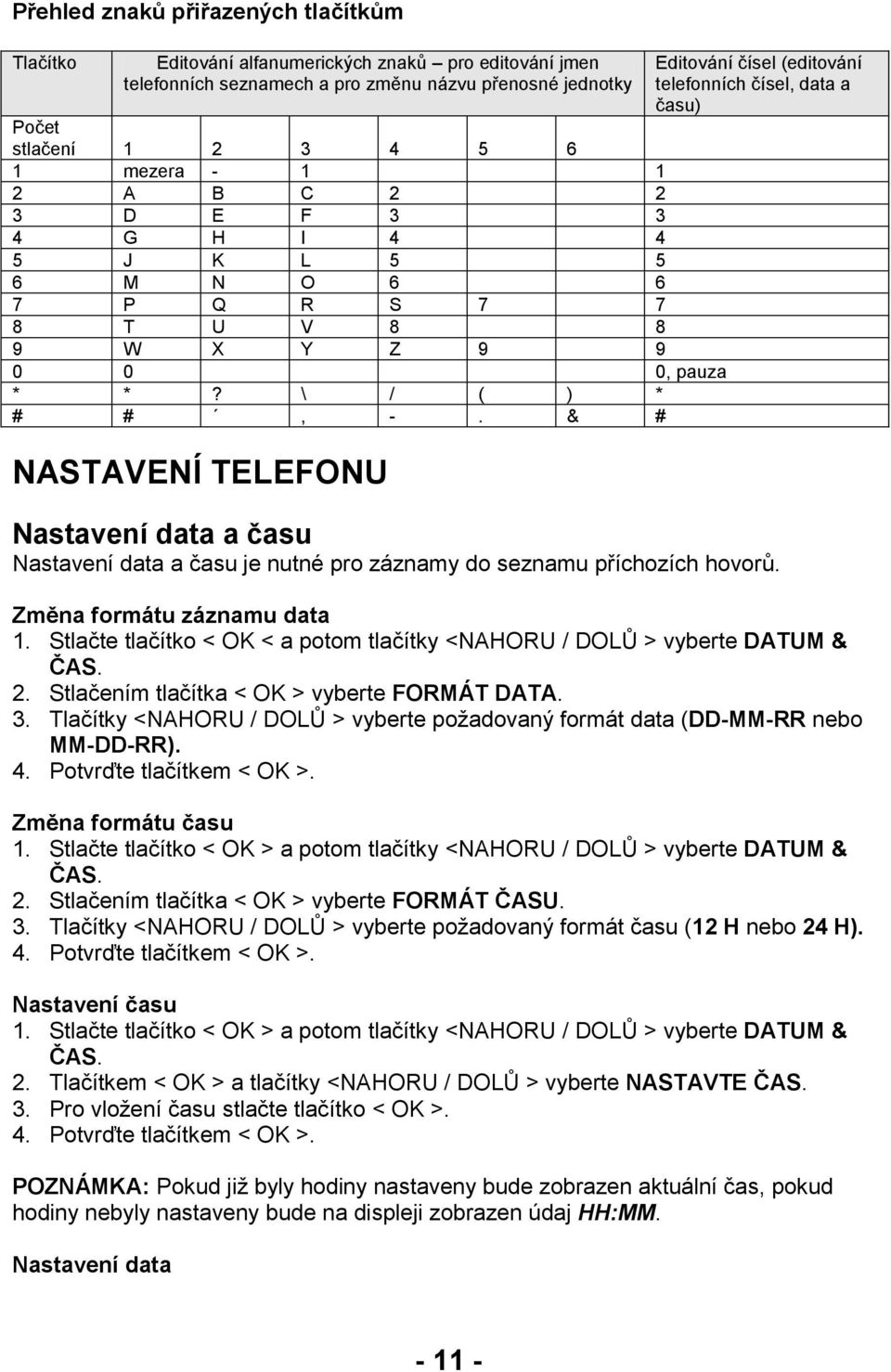 & # NASTAVENÍ TELEFONU Editování čísel (editování telefonních čísel, data a času) Nastavení data a času Nastavení data a času je nutné pro záznamy do seznamu příchozích hovorů.