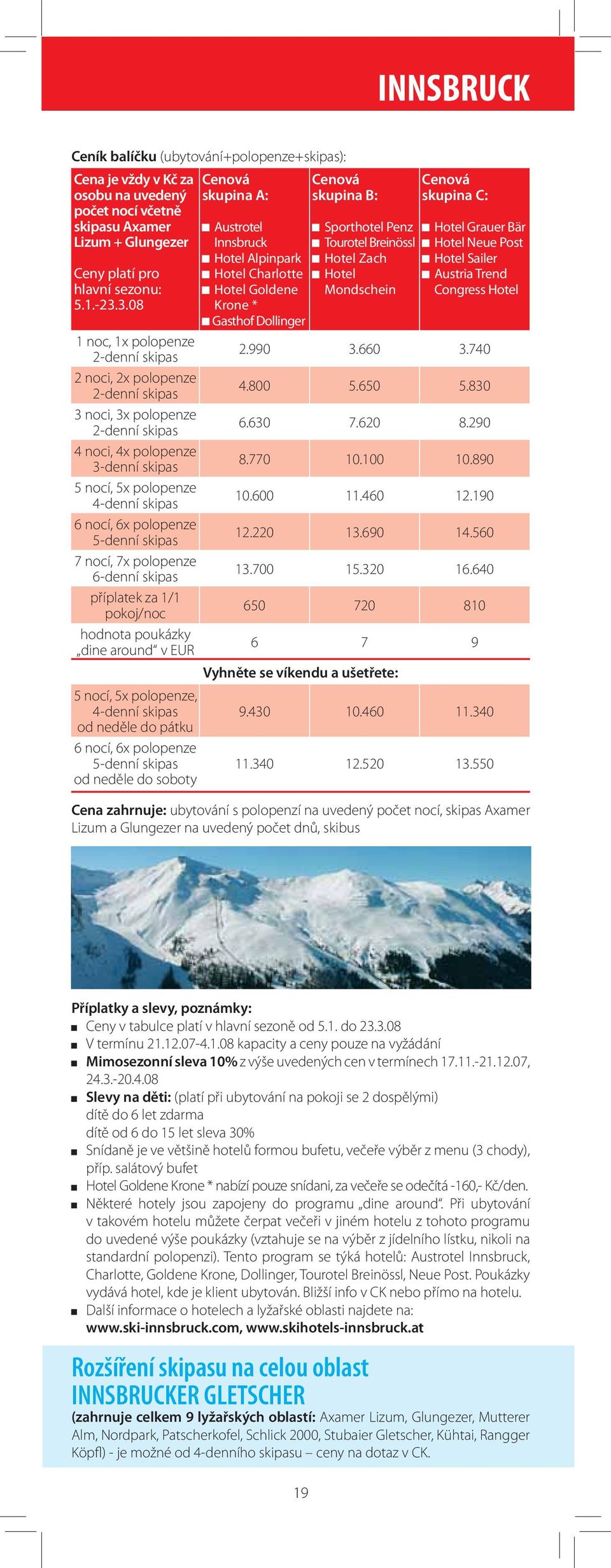 Cenová skupina C: Hotel Grauer Bär Hotel Neue Post Hotel Sailer Austria Trend Congress Hotel 1 noc, 1x polopenze 2-denní skipas 2.990 3.660 3.740 2 noci, 2x polopenze 2-denní skipas 4.800 5.650 5.