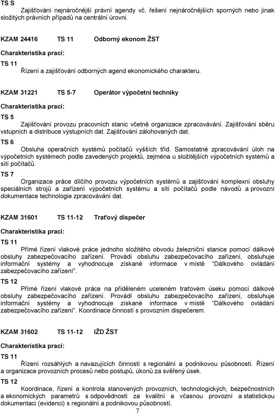 KZAM 31221 TS 5-7 Operátor výpočetní techniky TS 5 Zajišťování provozu pracovních stanic včetně organizace zpracovávání. Zajišťování sběru vstupních a distribuce výstupních dat.