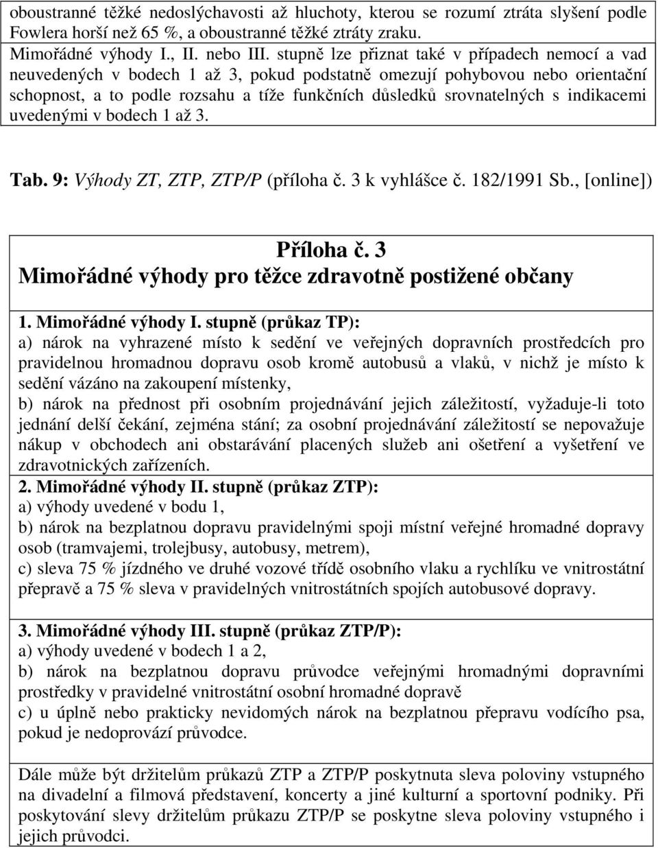 indikacemi uvedenými v bodech 1 až 3. Tab. 9: Výhody ZT, ZTP, ZTP/P (příloha č. 3 k vyhlášce č. 182/1991 Sb., [online]) Příloha č. 3 Mimořádné výhody pro těžce zdravotně postižené občany 1.