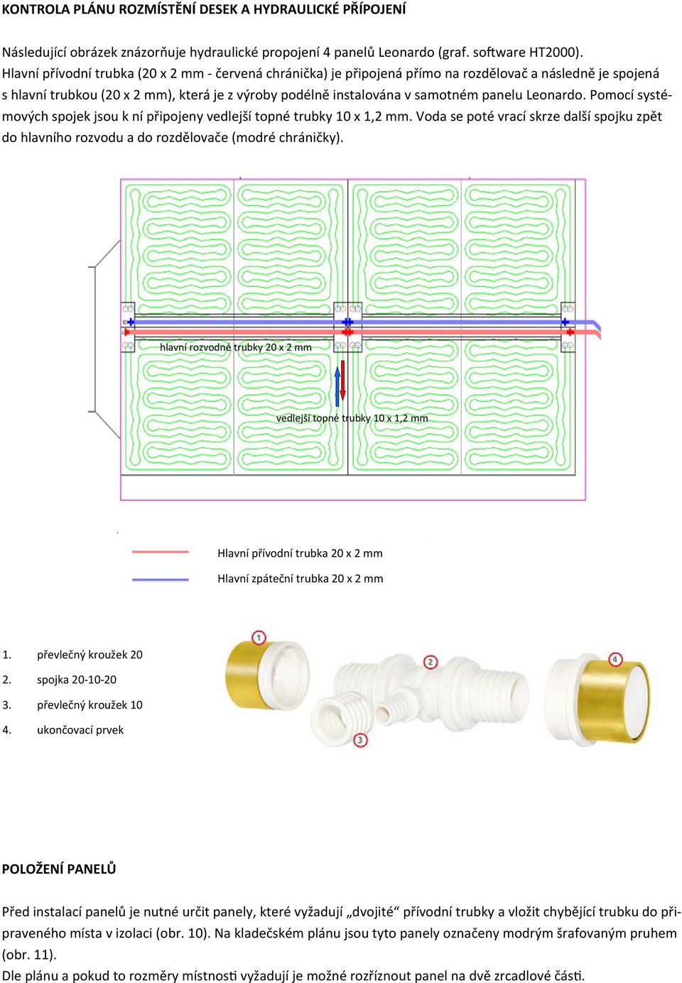 Leonardo. Pomocí systémových spojek jsou k ní připojeny vedlejší topné trubky 10 x 1,2 mm. Voda se poté vrací skrze další spojku zpět do hlavního rozvodu a do rozdělovače (modré chráničky).