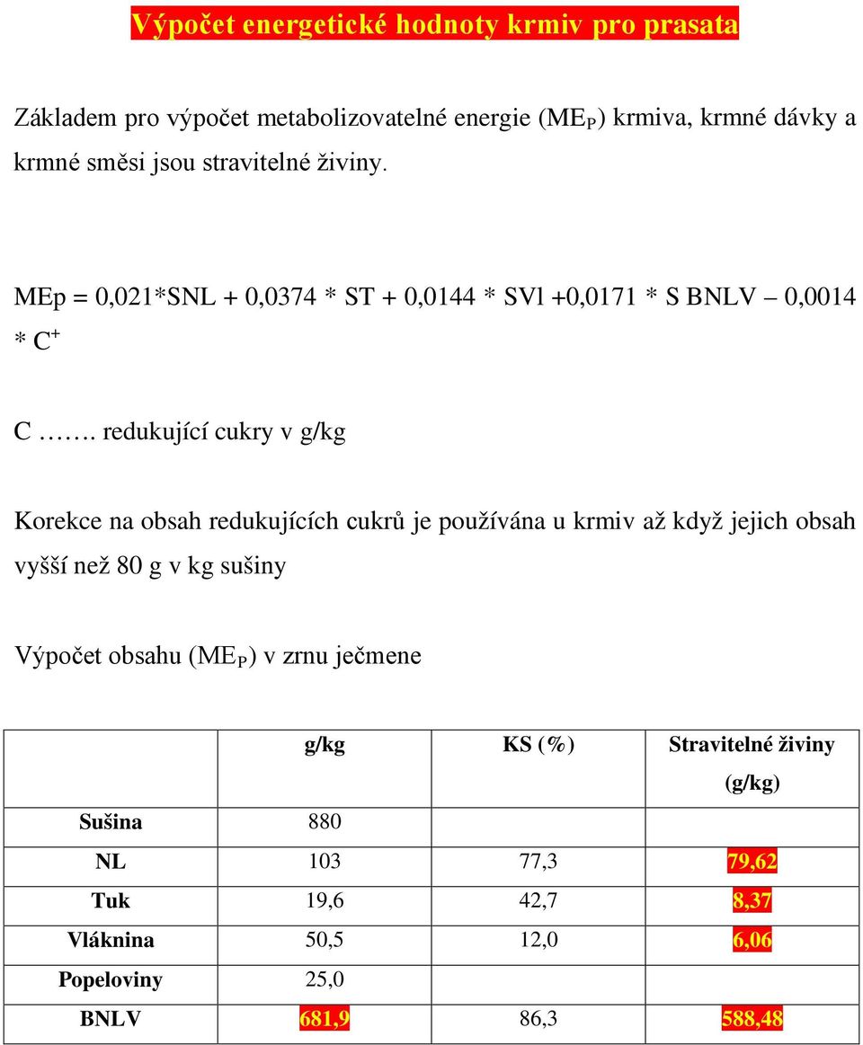 redukující cukry v g/kg Korekce na obsah redukujících cukrů je používána u krmiv až když jejich obsah vyšší než 80 g v kg sušiny Výpočet