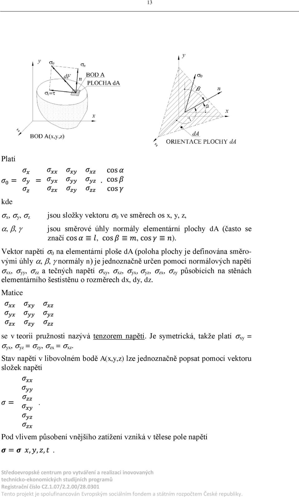 působících na stěnách elementárního šestistěnu o rozměrech dx dy dz Matice se v teorii pružnosti nazývá tenzorem napětí Je symetrická takže platí xy = yx yz =
