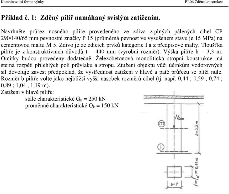 Zdivo je ze zdících prvků kategorie I a z předpisové malty. Tloušťka pilíře je z konstruktivních důvodů t = 440 mm (výrobní rozměr). Výška pilíře h = 3,3 m. Omítky budou provedeny dodatečně.