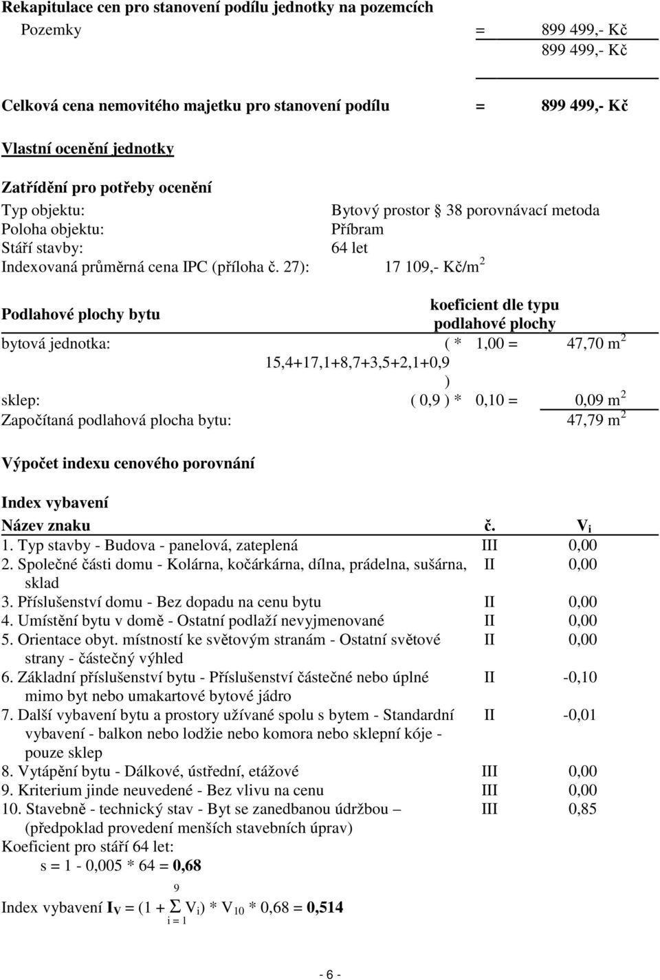 27): 17 109,- Kč/m 2 Podlahové plochy bytu koeficient dle typu podlahové plochy bytová jednotka: ( * 1,00 = 47,70 m 2 15,4+17,1+8,7+3,5+2,1+0,9 ) sklep: ( 0,9 ) * 0,10 = 0,09 m 2 Započítaná podlahová
