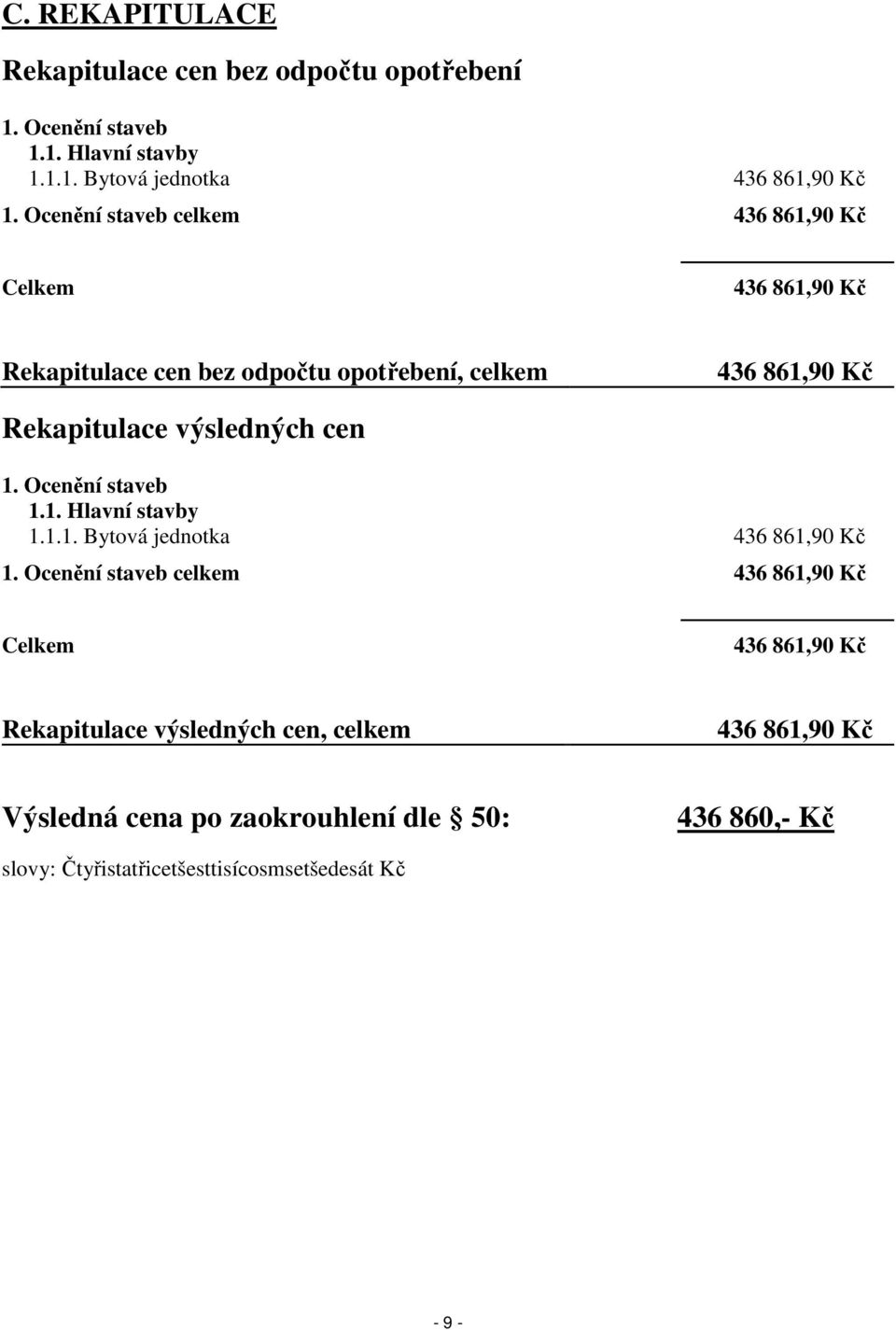 výsledných cen 1. Ocenění staveb 1.1. Hlavní stavby 1.1.1. Bytová jednotka 436 861,90 Kč 1.